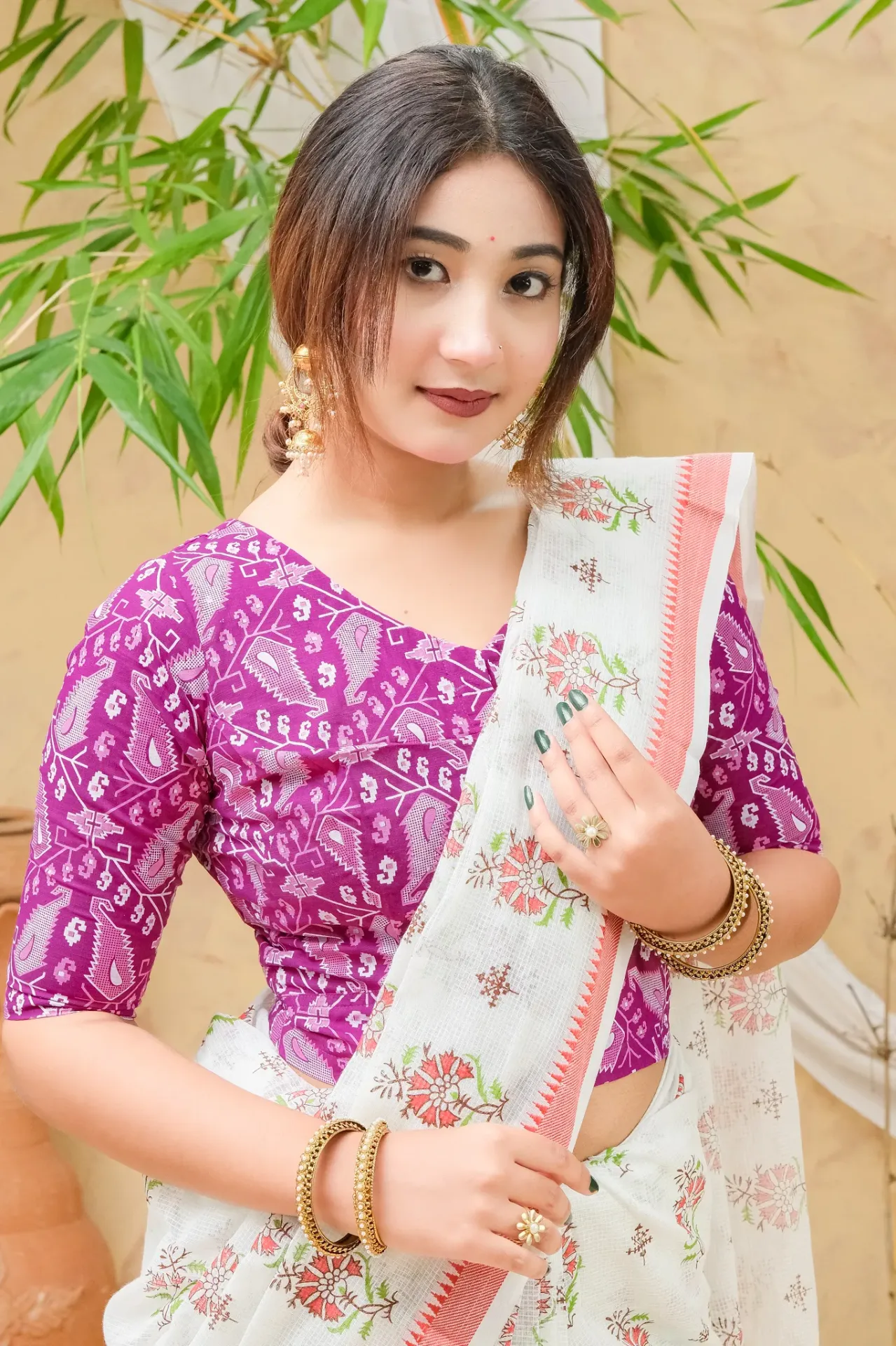 Rich Magenta Pink White Screen Print Cotton Blouse