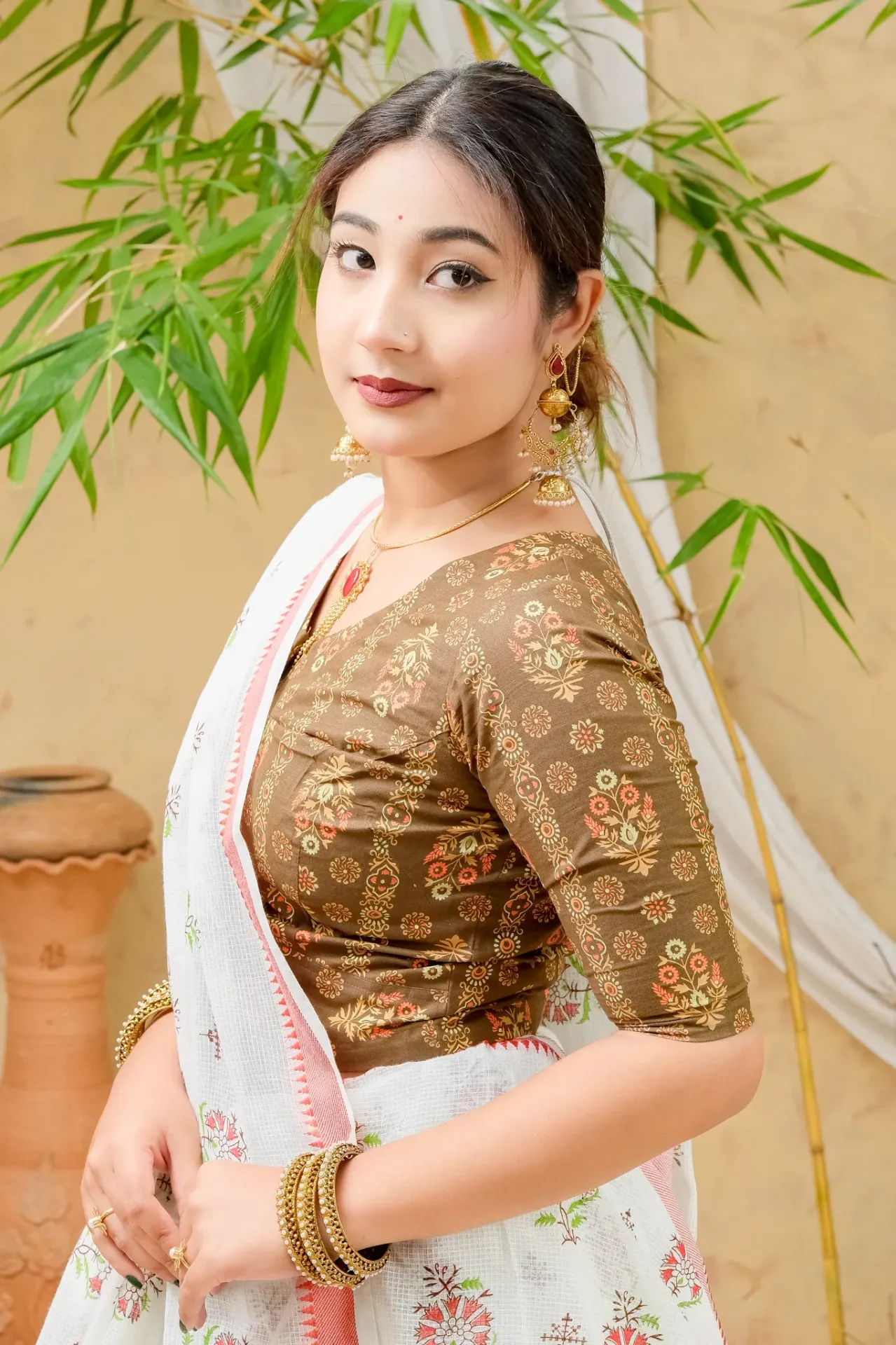 Olive Brown Orange Floral Screen Print Cotton Blouse