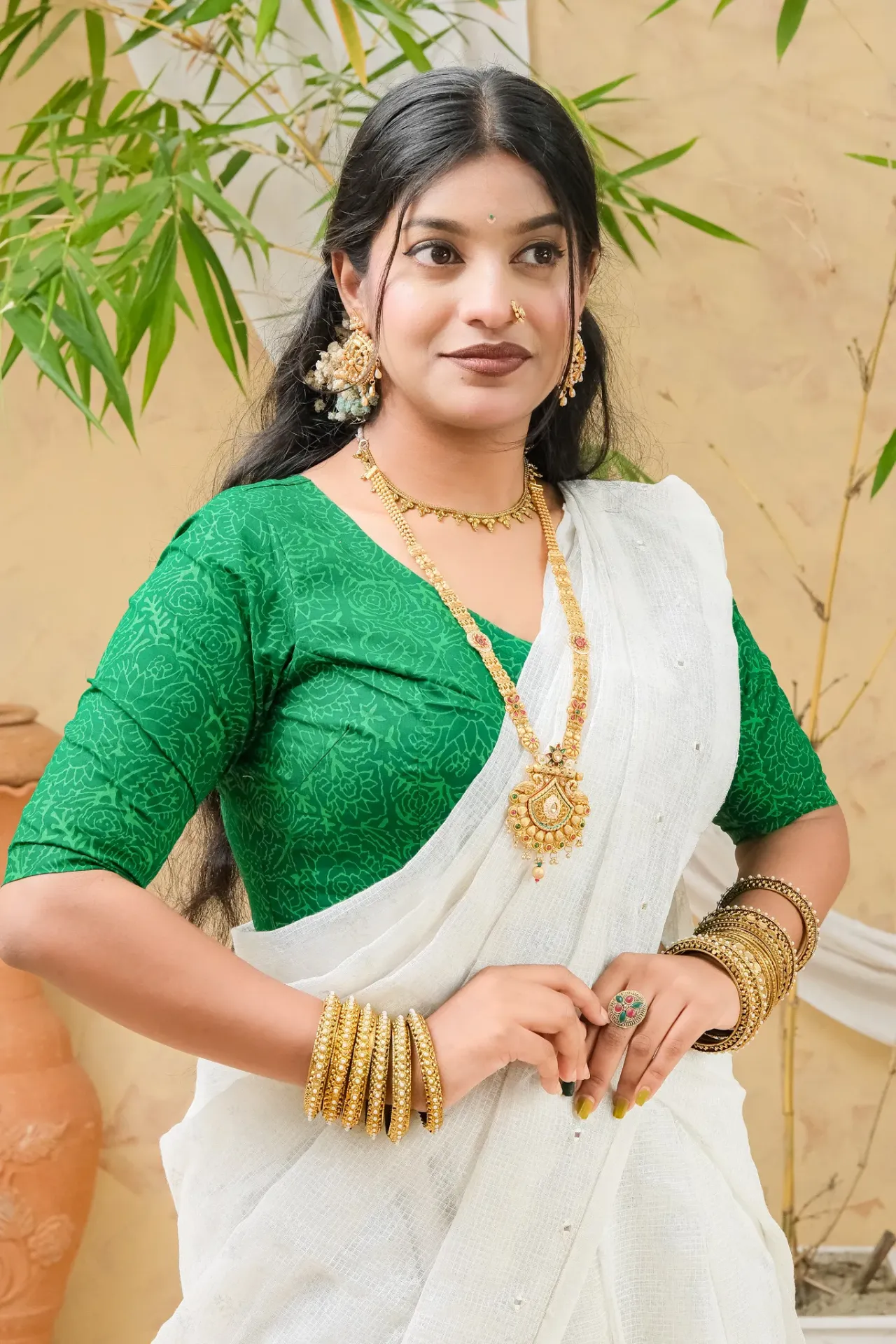 Green Floral Screen Print Cotton Blouse