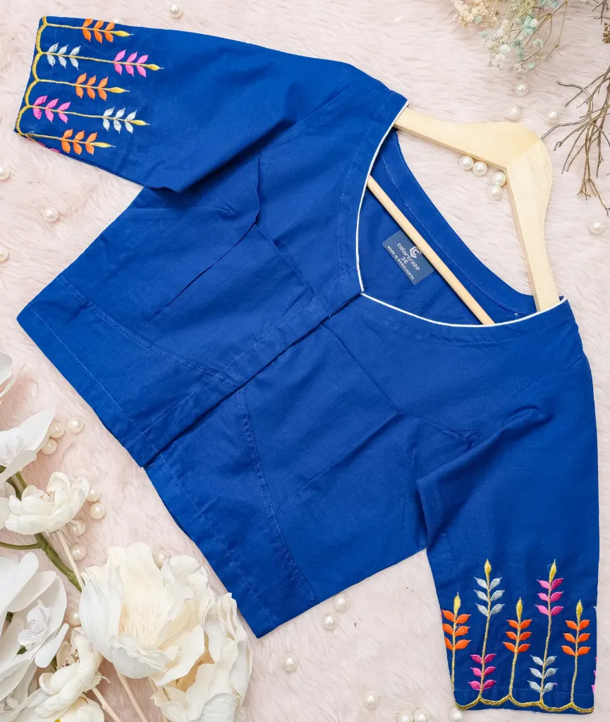Blue Small Flower Embroidery Blouse