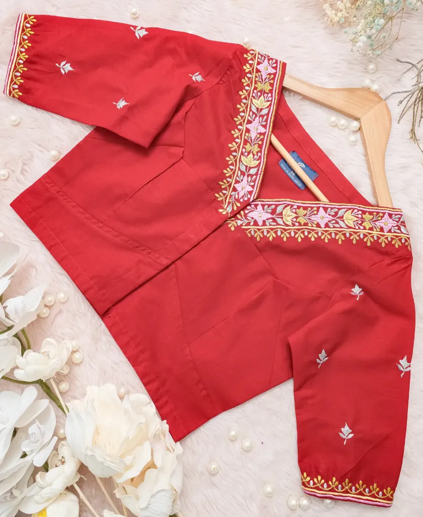 Red V-Neck Embroidery Blouse