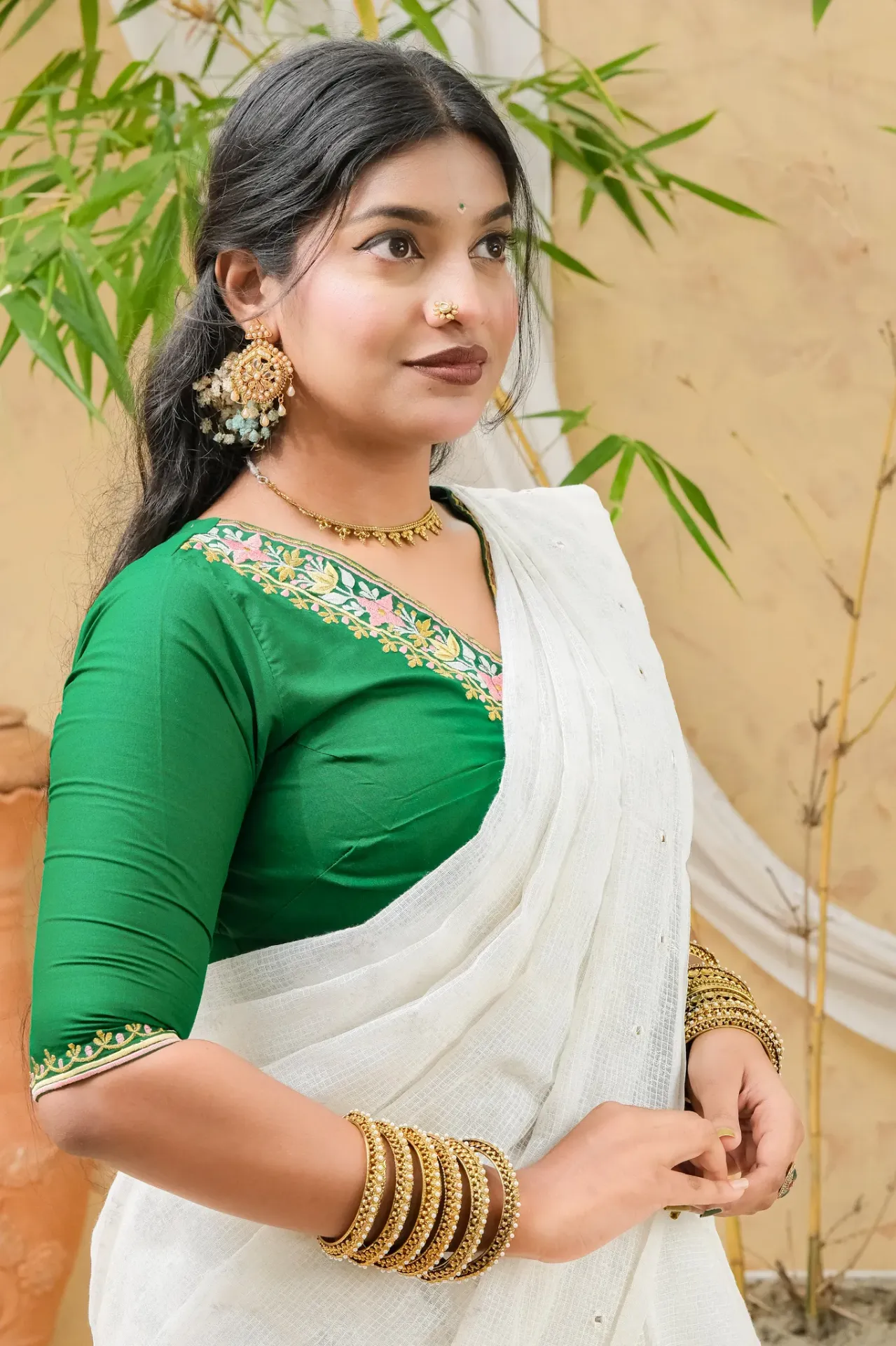 Emerald Green V-Neck Embroidery Blouse