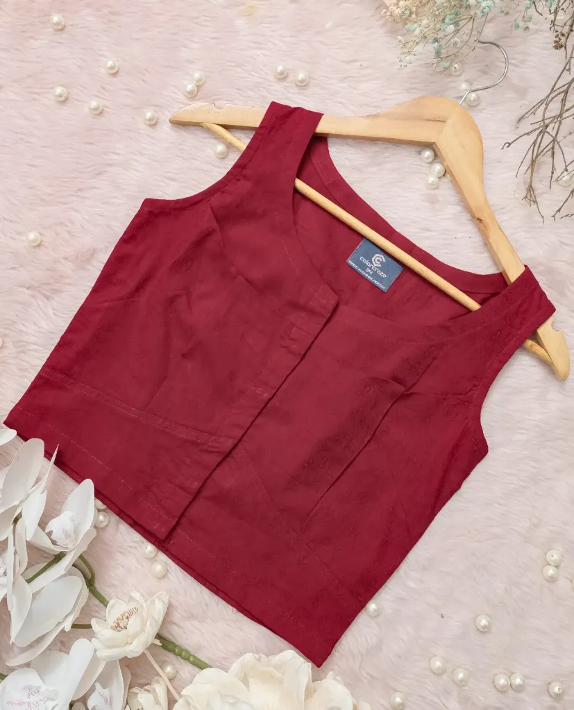 Maroon Sleeveless Jacquard Blouse