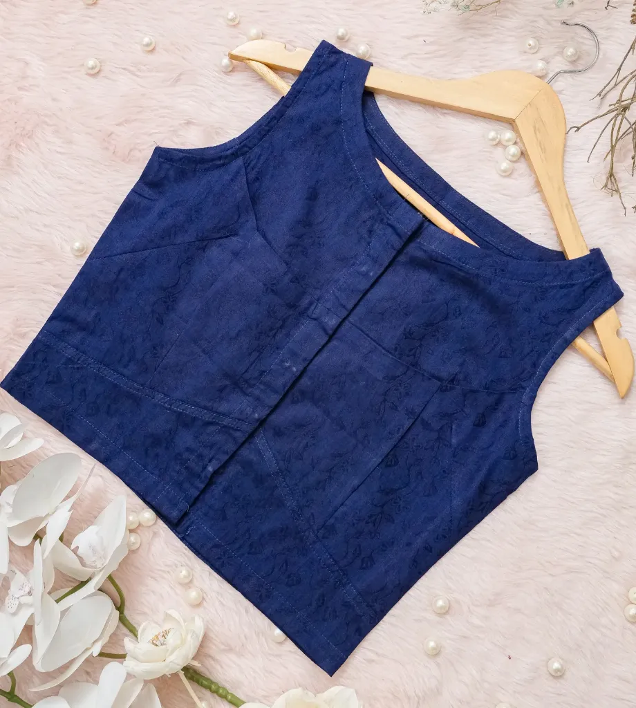 Navy Blue Sleeveless Jacquard Blouse