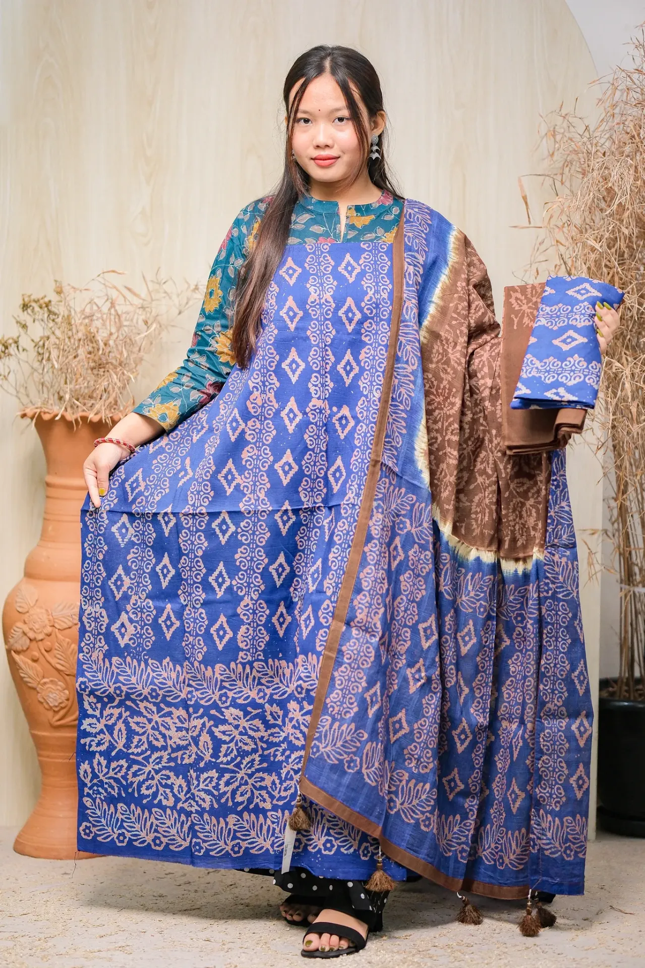 Cobalt Blue Chocolate Brown Floral Batik Three Piece