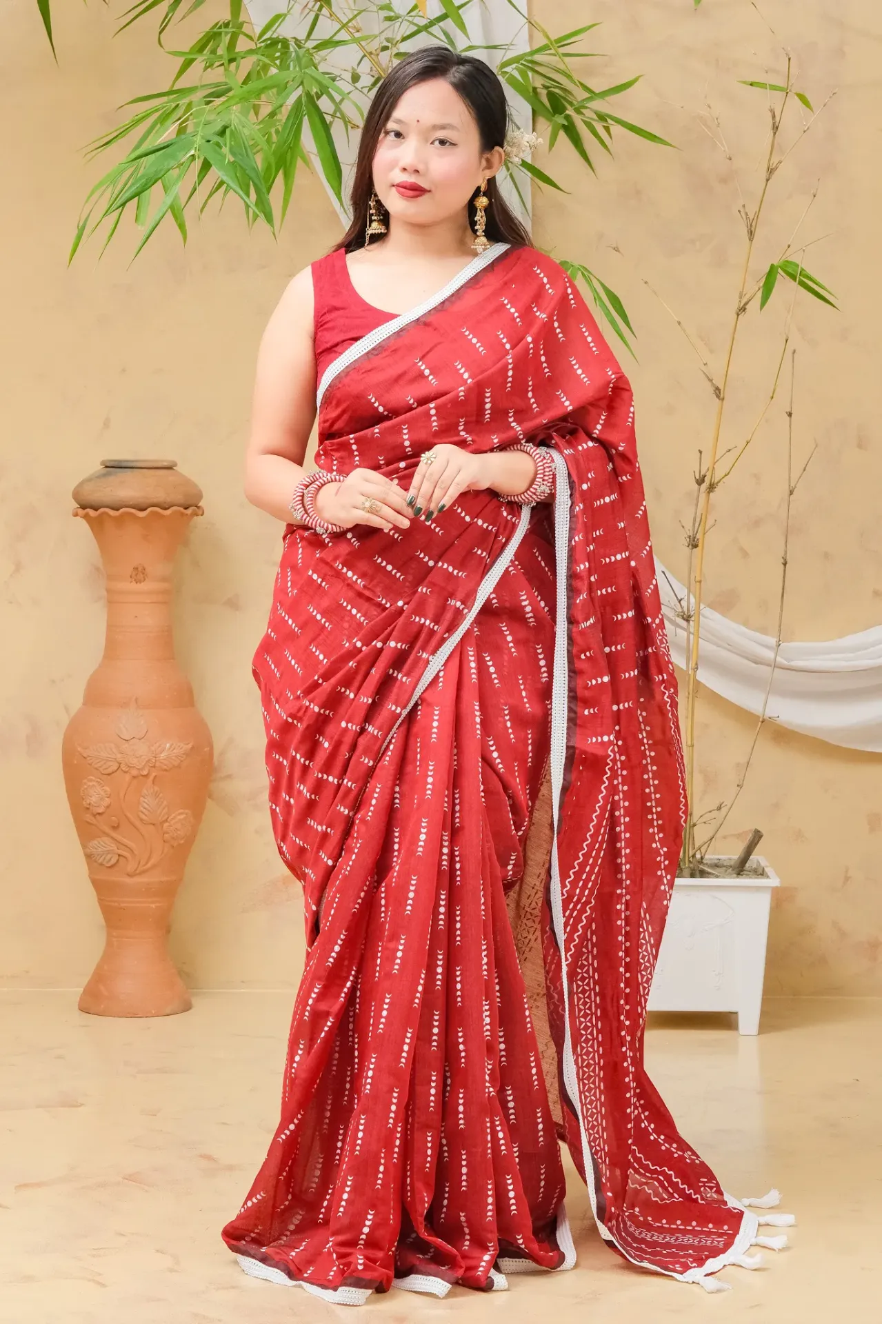Red Maroon Body White Stripe Design Half Silk Screen Print Sharee