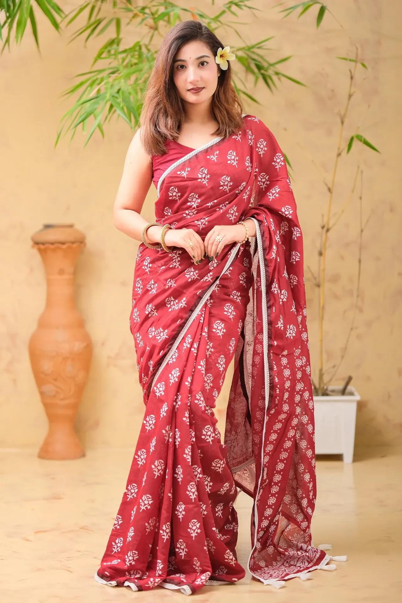 Red Maroon Jamdani Motif Anchal Half Silk Screen Print Sharee