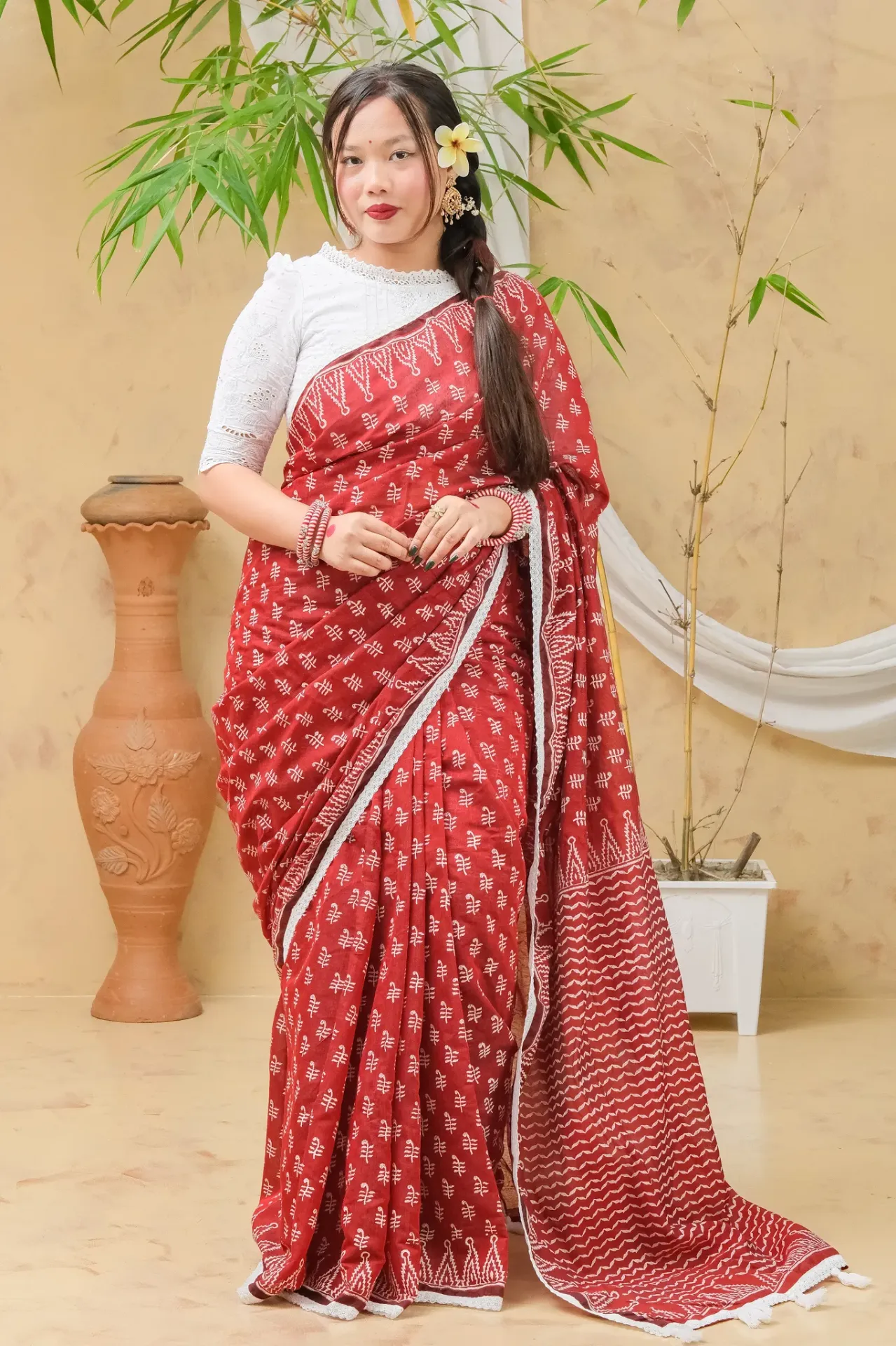 Red Maroon Body White Zigzag Anchal Half Silk Screen Print Sharee