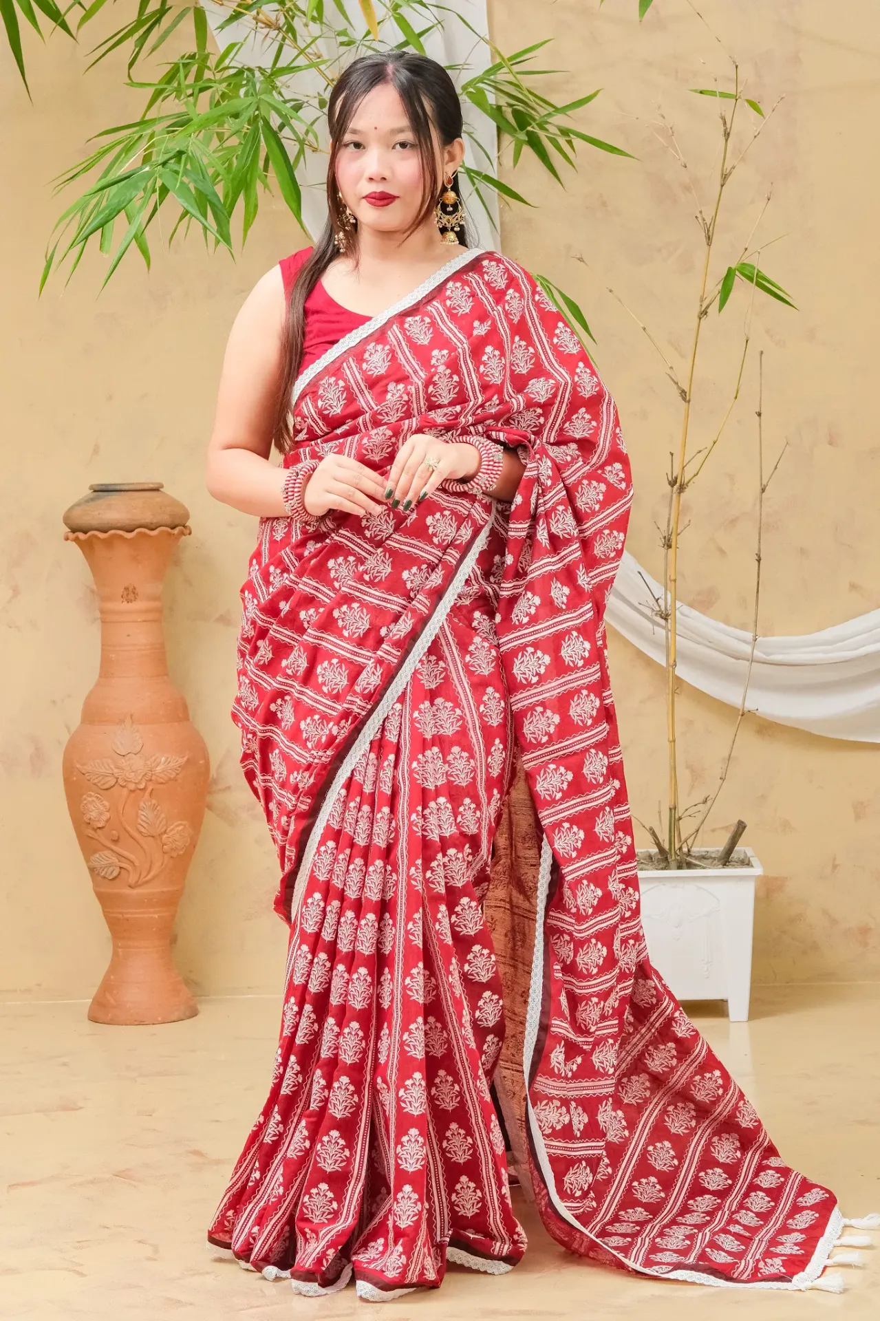 Red Maroon Body White Shell Motif Screen Print Half Silk Sharee