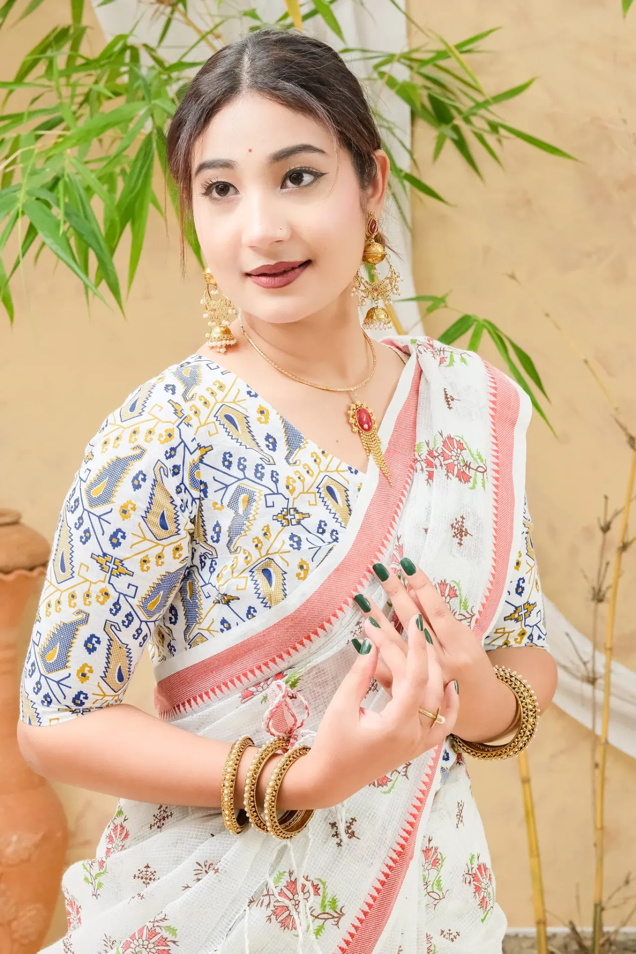 White Blue Yellow Screen Print Cotton Blouse