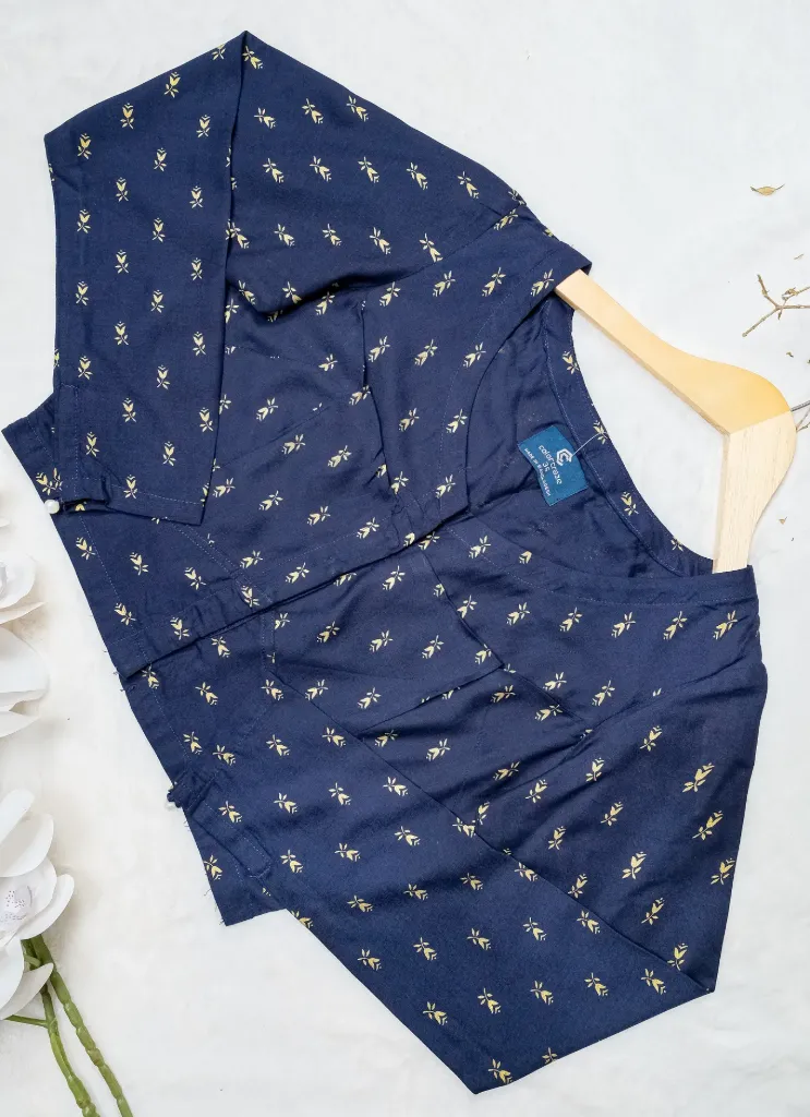 Navy Blue Full Sleeves Screen Print Cotton Blouse