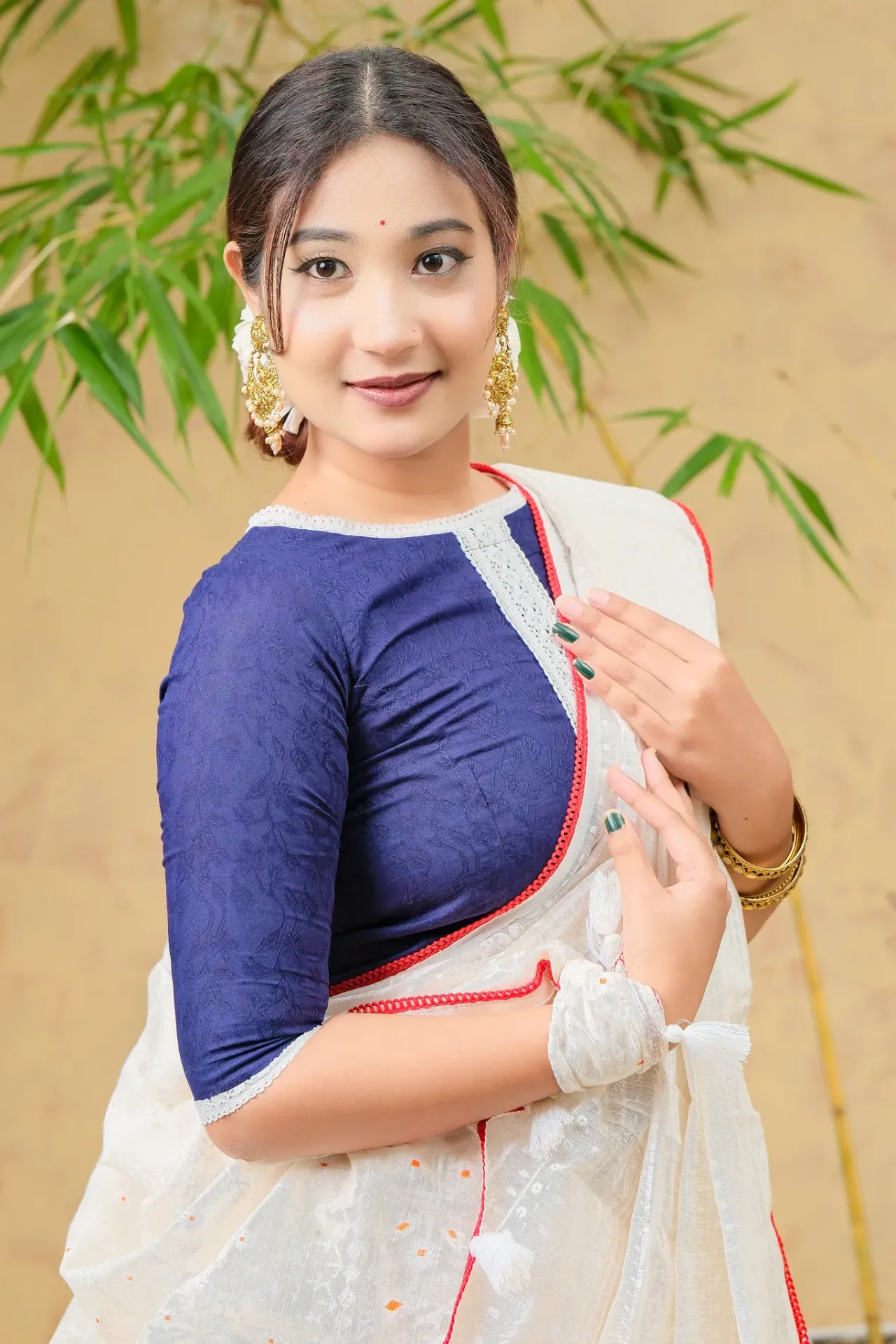 Deep Royal Blue White Lace Jacquard Blouse