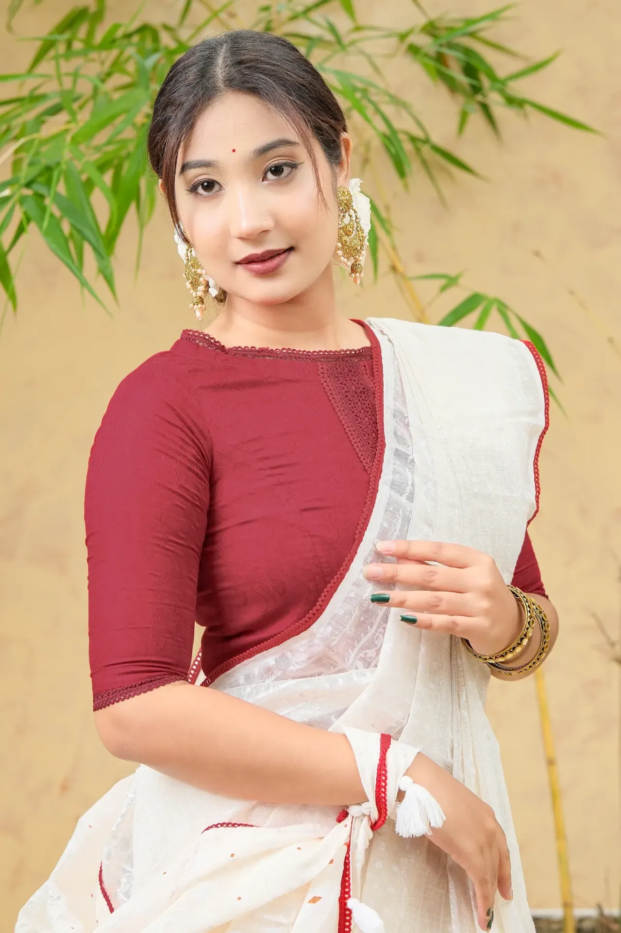Deep Maroon Front Lace Jacquard Blouse
