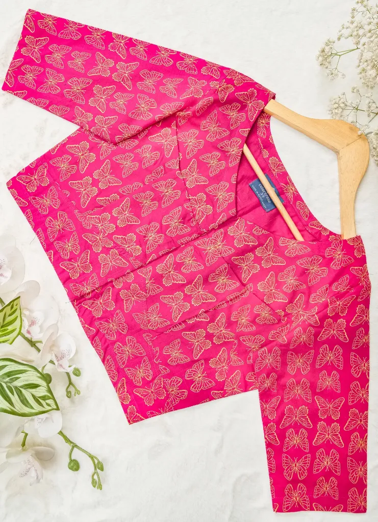 Magenta Golden Butterfly Screen Print Cotton Blouse