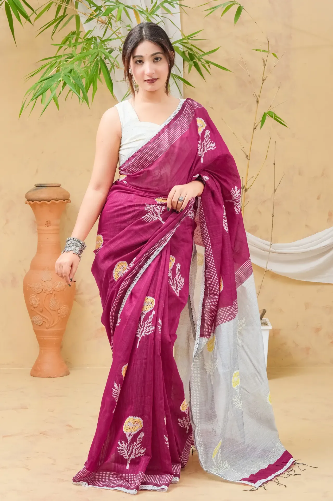 Deep Maroon Body Grey Anchal Hibiscus Half Silk Screen Print Sharee