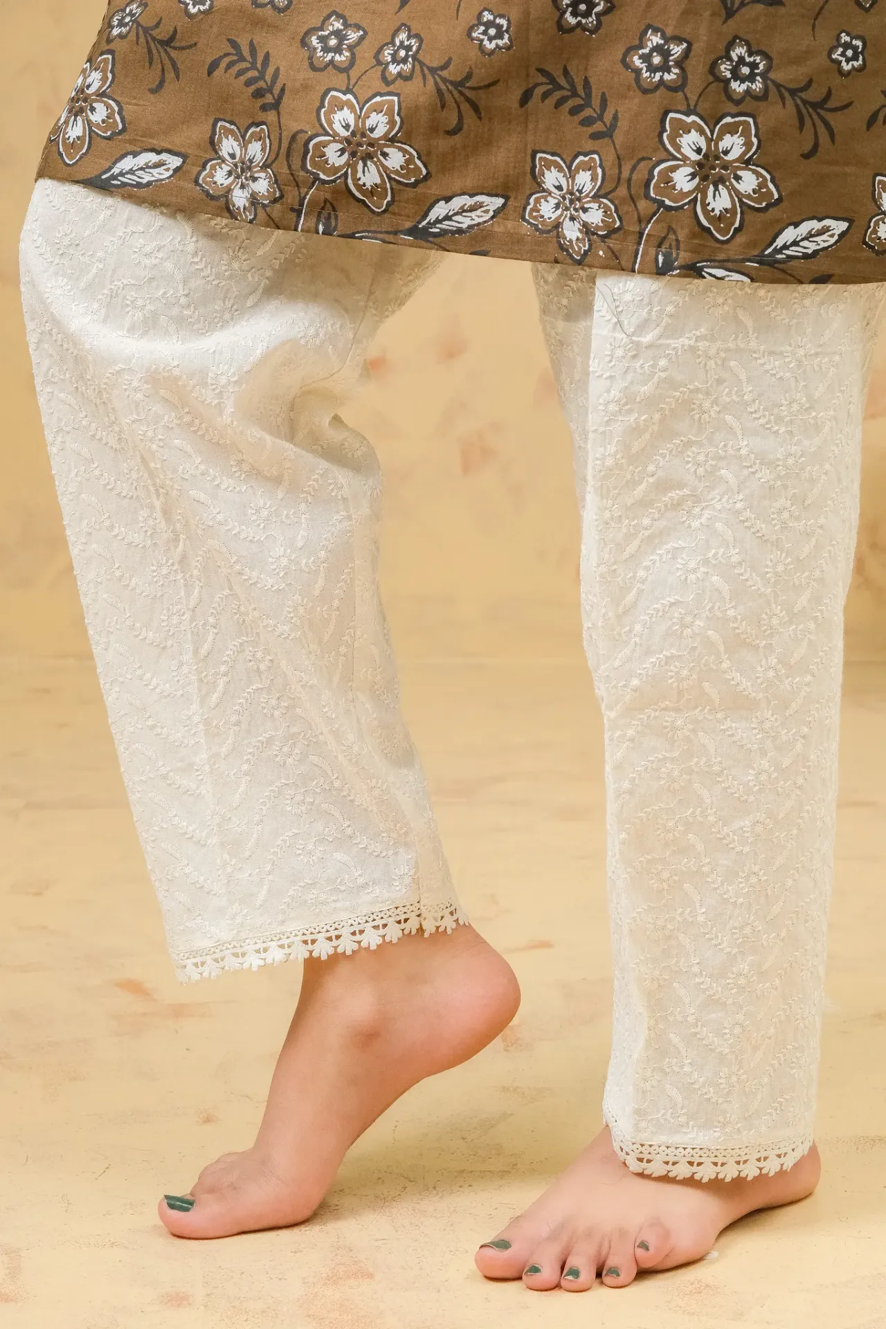 Off-White Leaf Motif Imported Chikankari Pants