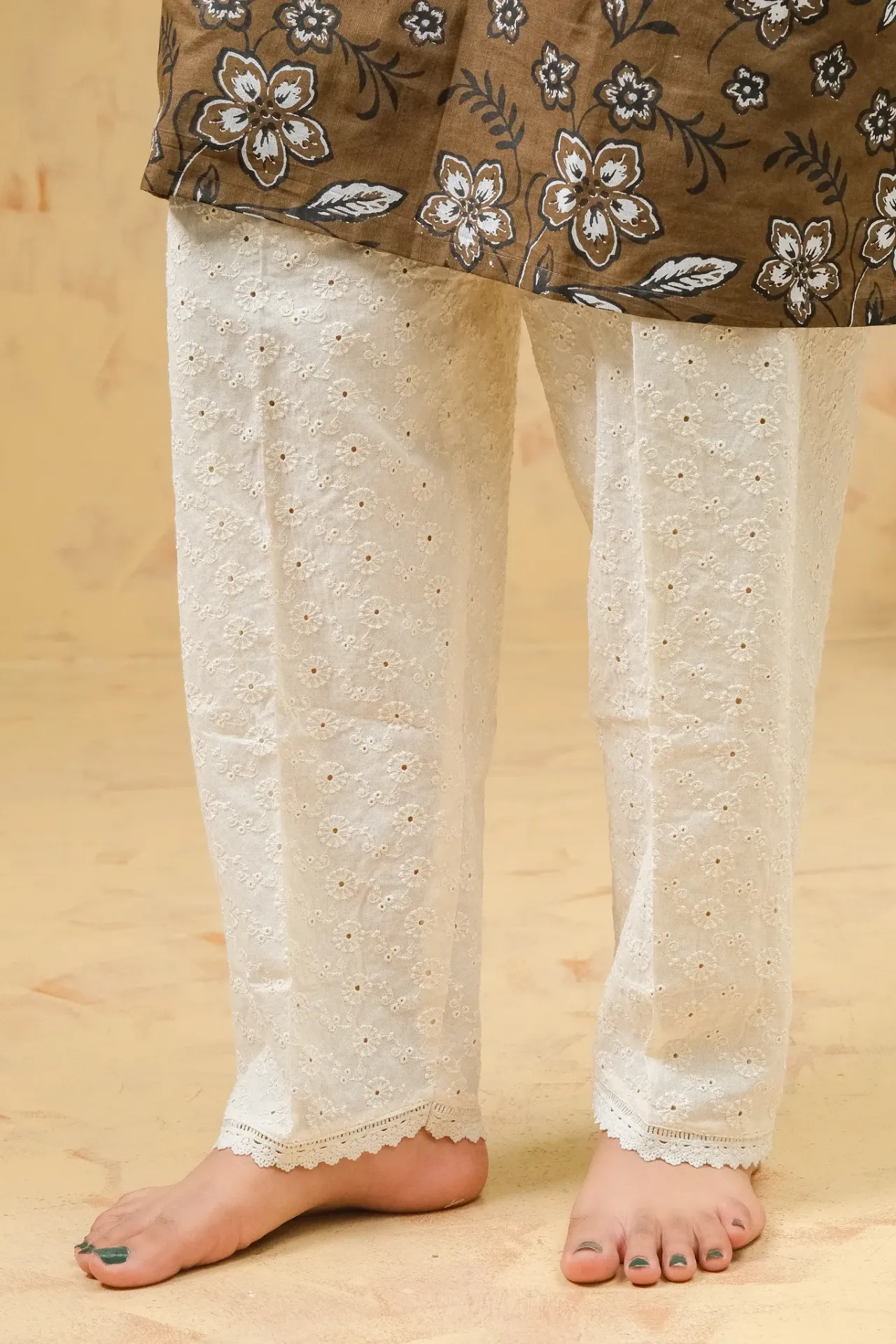 Off-White Sunburst-Like Floral Imported Chikankari Pants