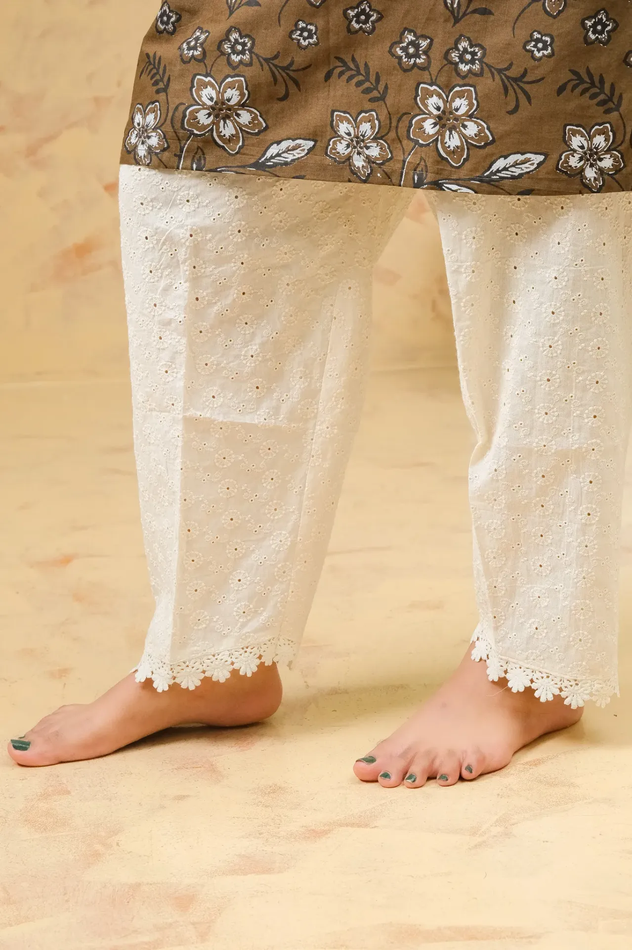 Off-White Eyelet Embroidery Style Floral Imported Chikankari Pants