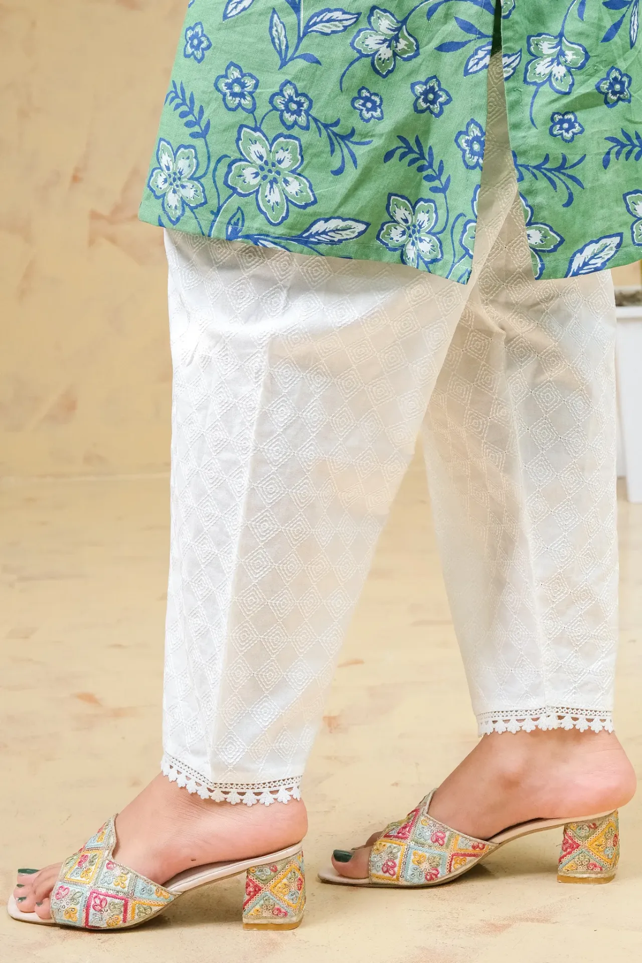 White Diamond Lattice Pattern Imported Chikankari Pants