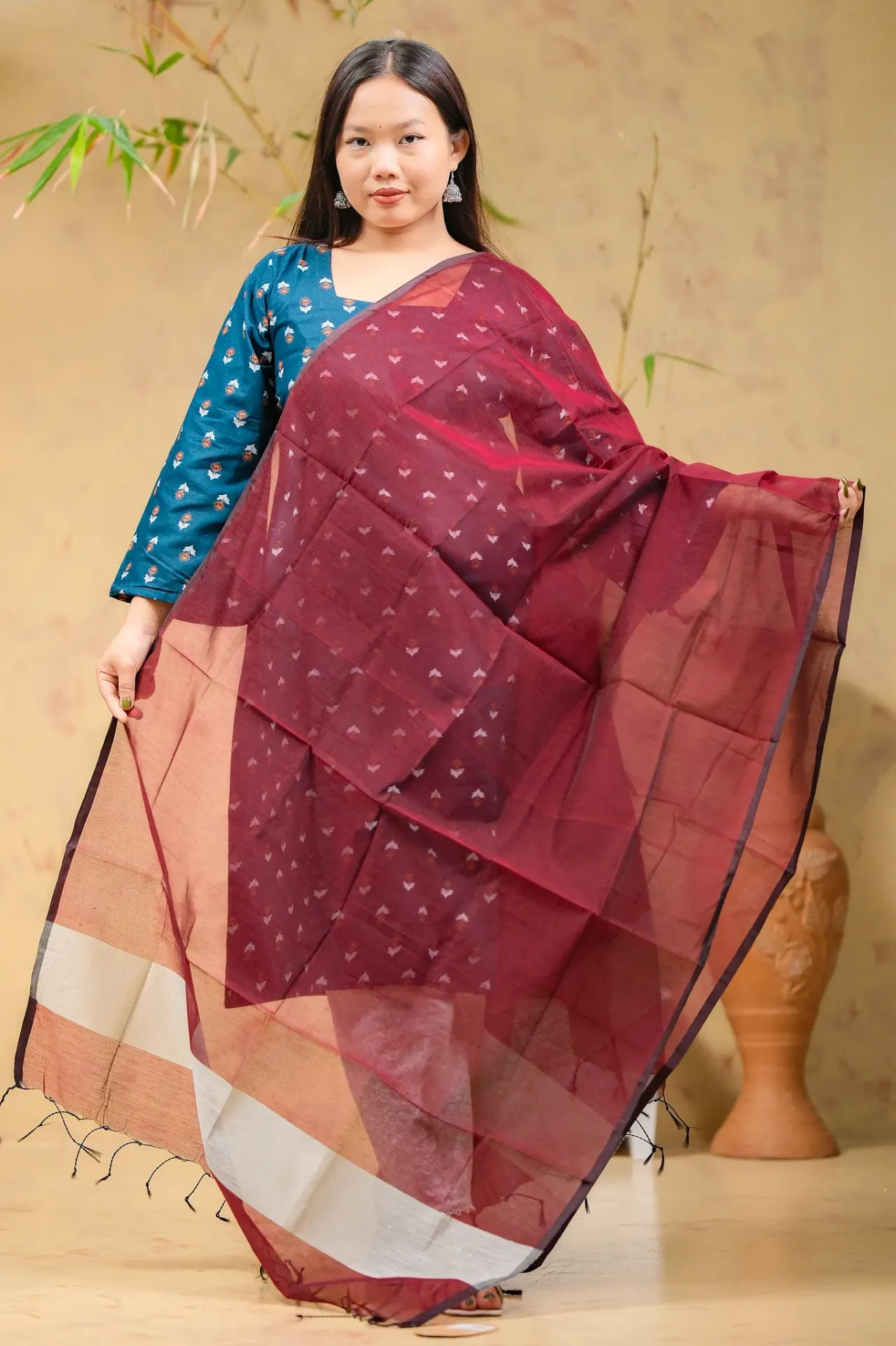 Dual Contrast Meroon & Ash Half Silk Orna