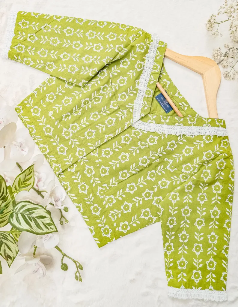 Olive Green White Lace Floral Screen Print Cotton Blouse