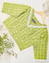 Olive Green White Lace Floral Screen Print Cotton Blouse