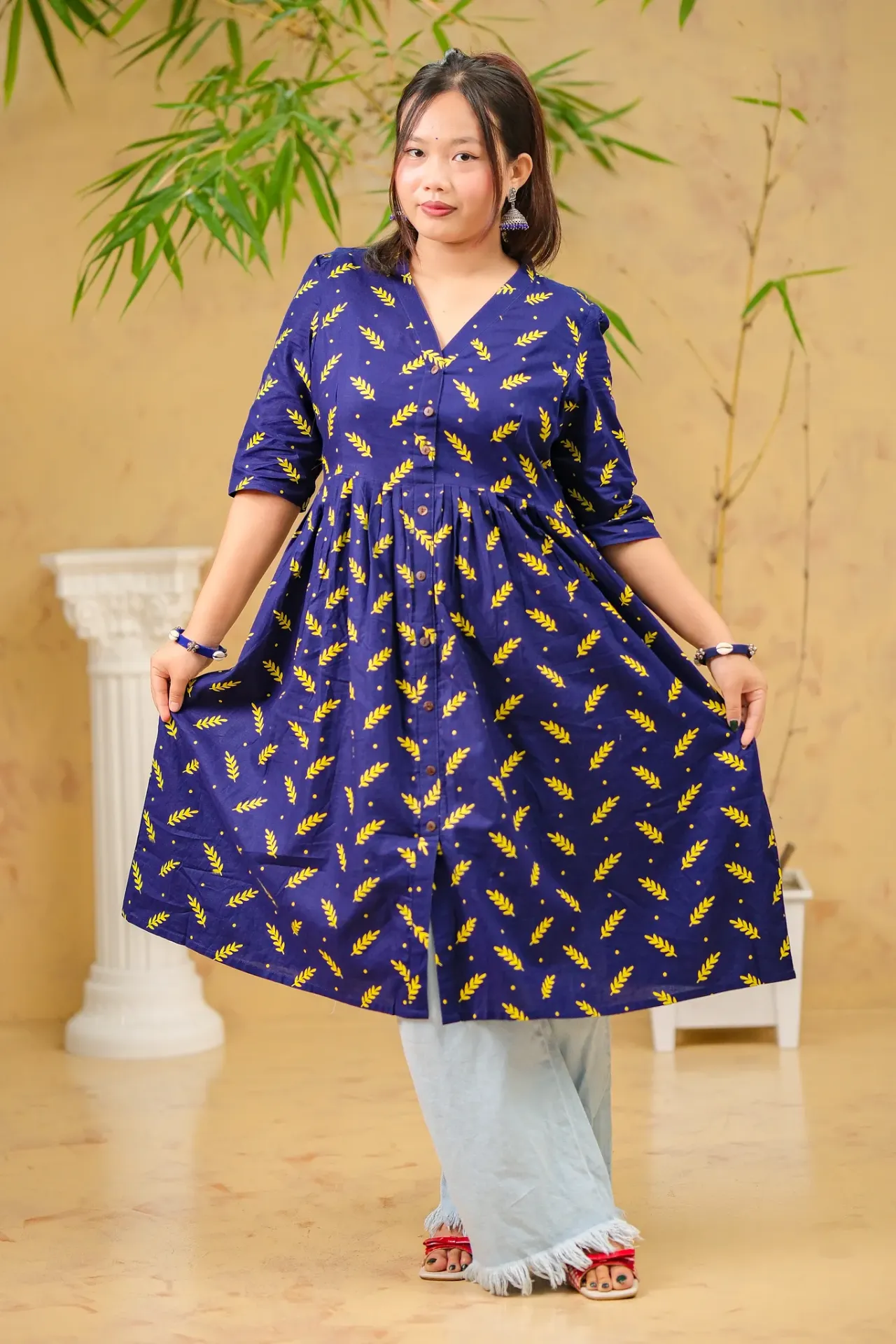 Deep Navy Blue Yellow Leaf Design Frock