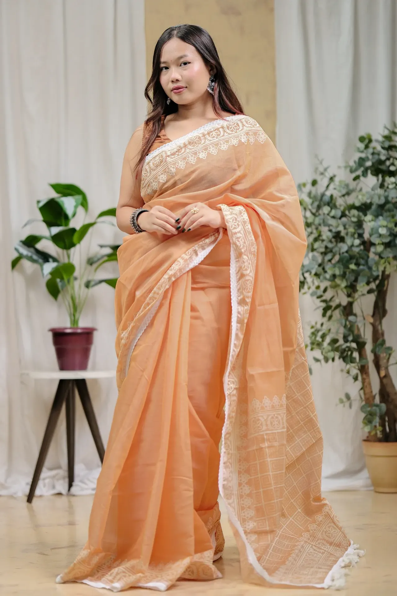 Peach Body White Lace Paar Screen Print Half Silk Sharee