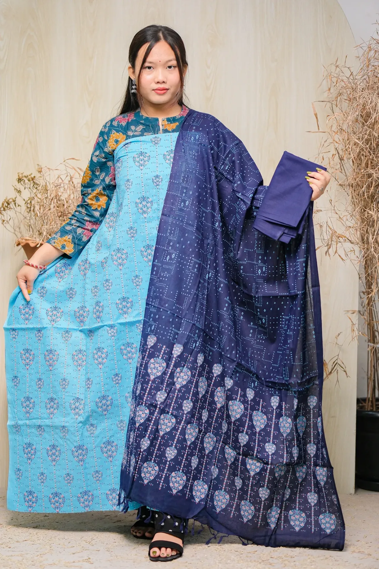 Sky Blue & Navy Blue Cotton Three Piece