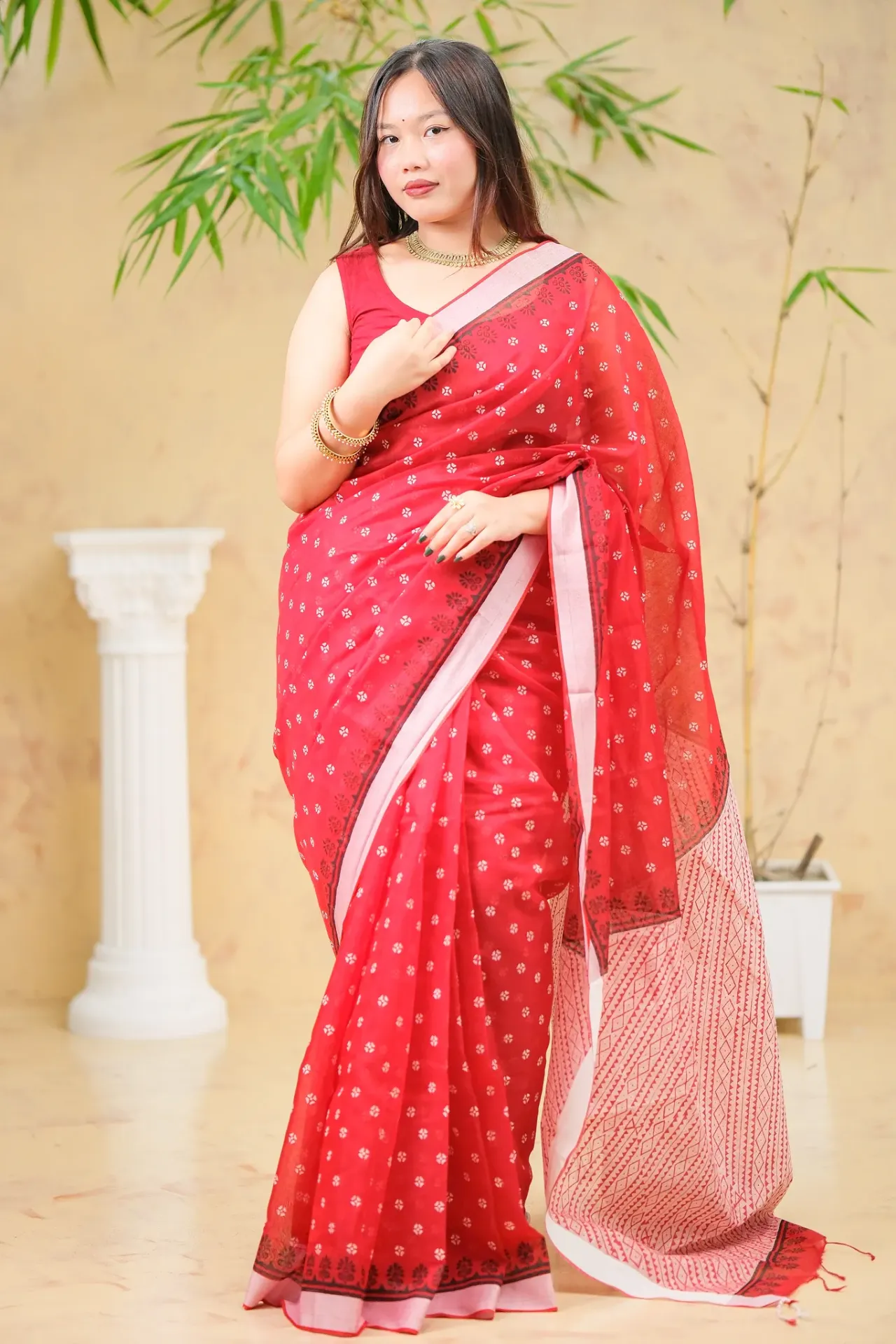 Red Body White Doted Zigzag Anchal Screen Print Sharee