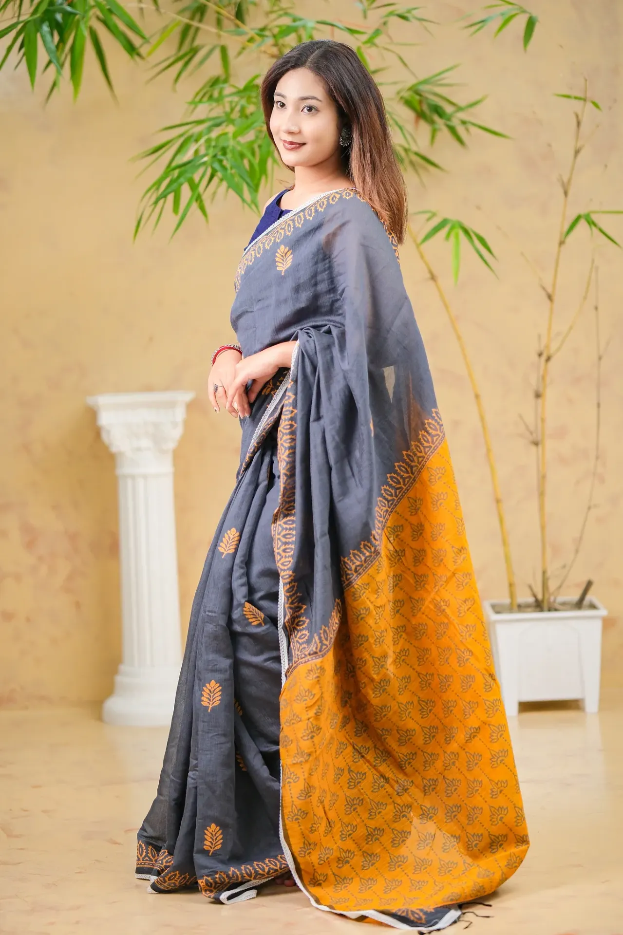 Charcoal Grey Body Mustard Yellow Leaf Motif Half Silk Sharee