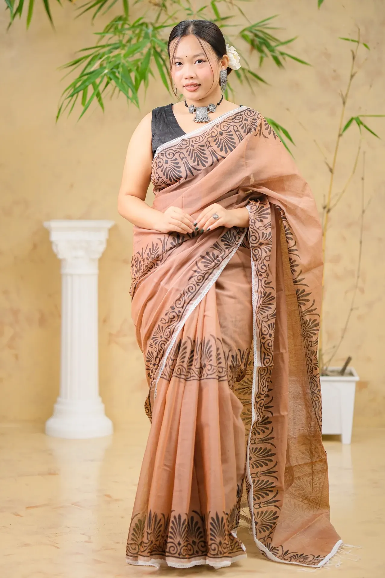 [0102] Light Brown Body Black Leaf screen Print Half Silk Sharee