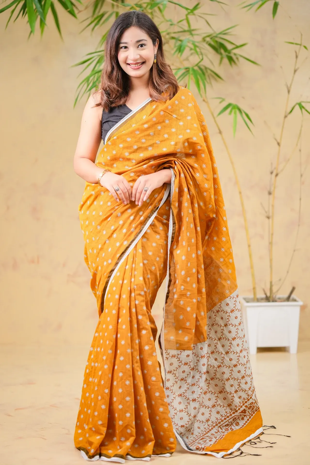 Mustard Yellow Body Off White Anchal Screen Print Half Silk Sharee