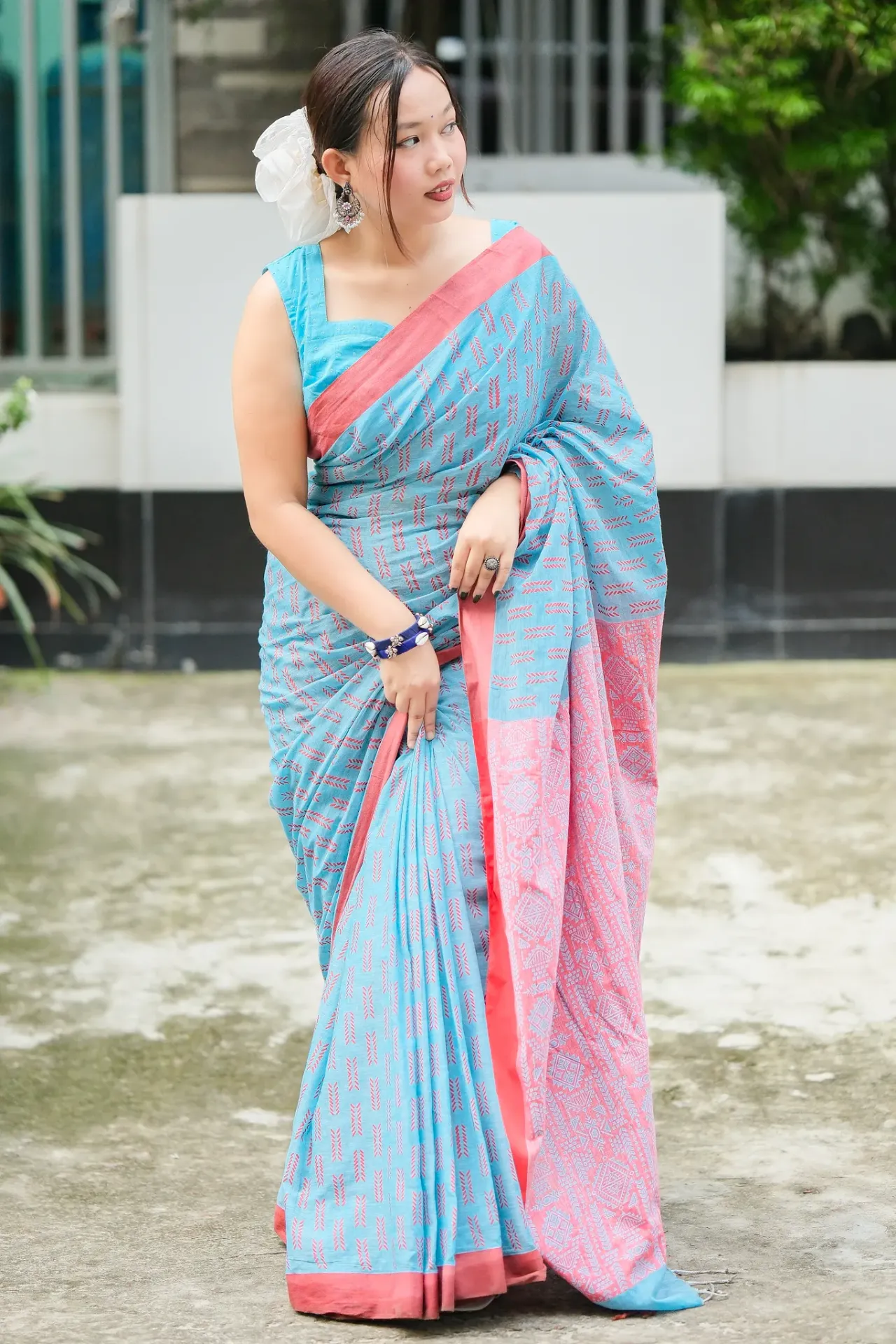 Sky Blue Body Red Anchal Screen Print Cotton Sharee