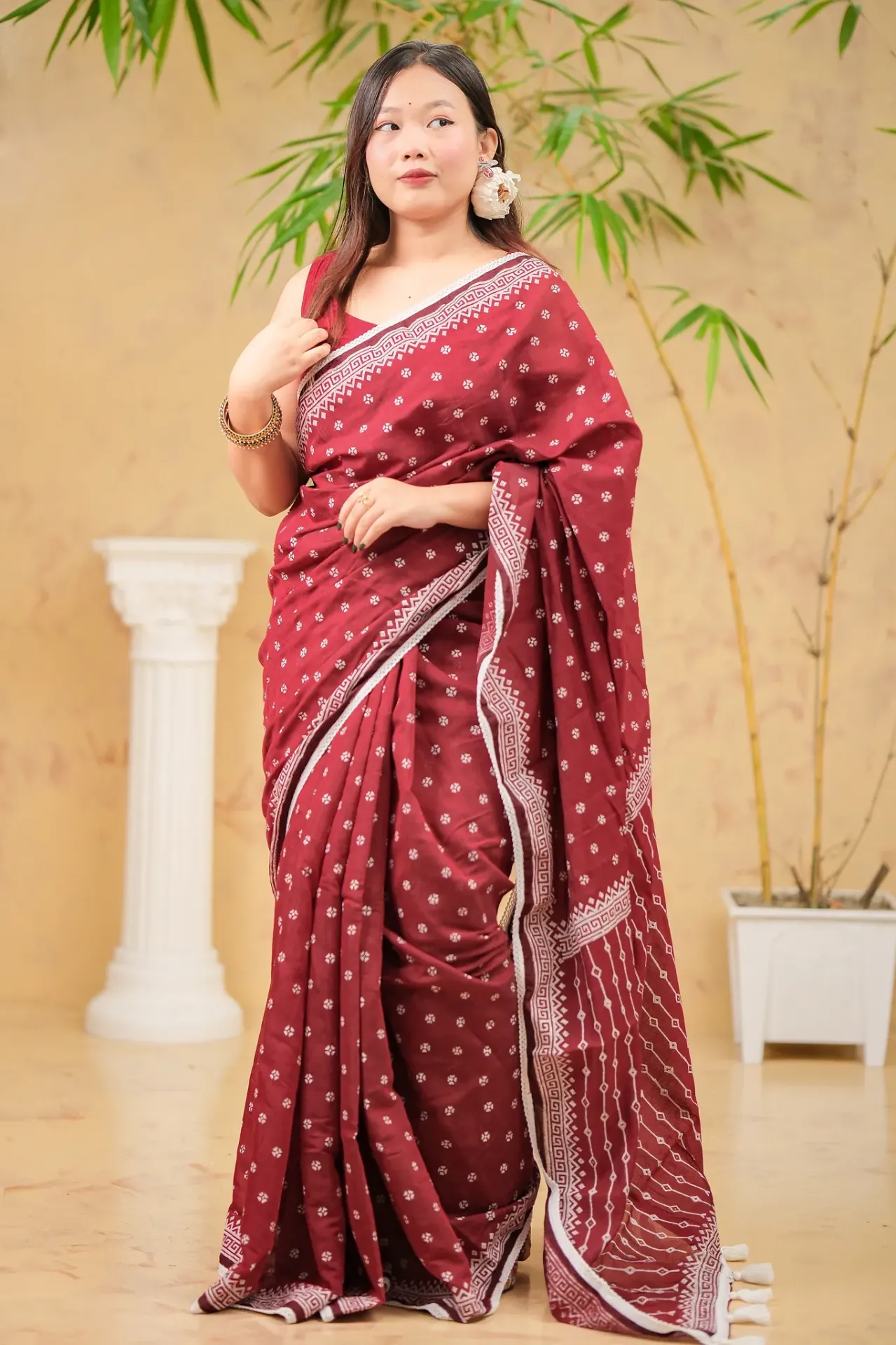 Deep Maroon Body White Small Design Screen Print Half Silk Sharee