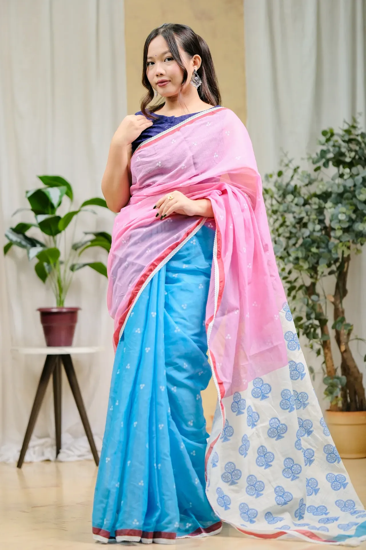 [0102] Turquoise Blue Ash Pink Screen Print Half Silk Sharee