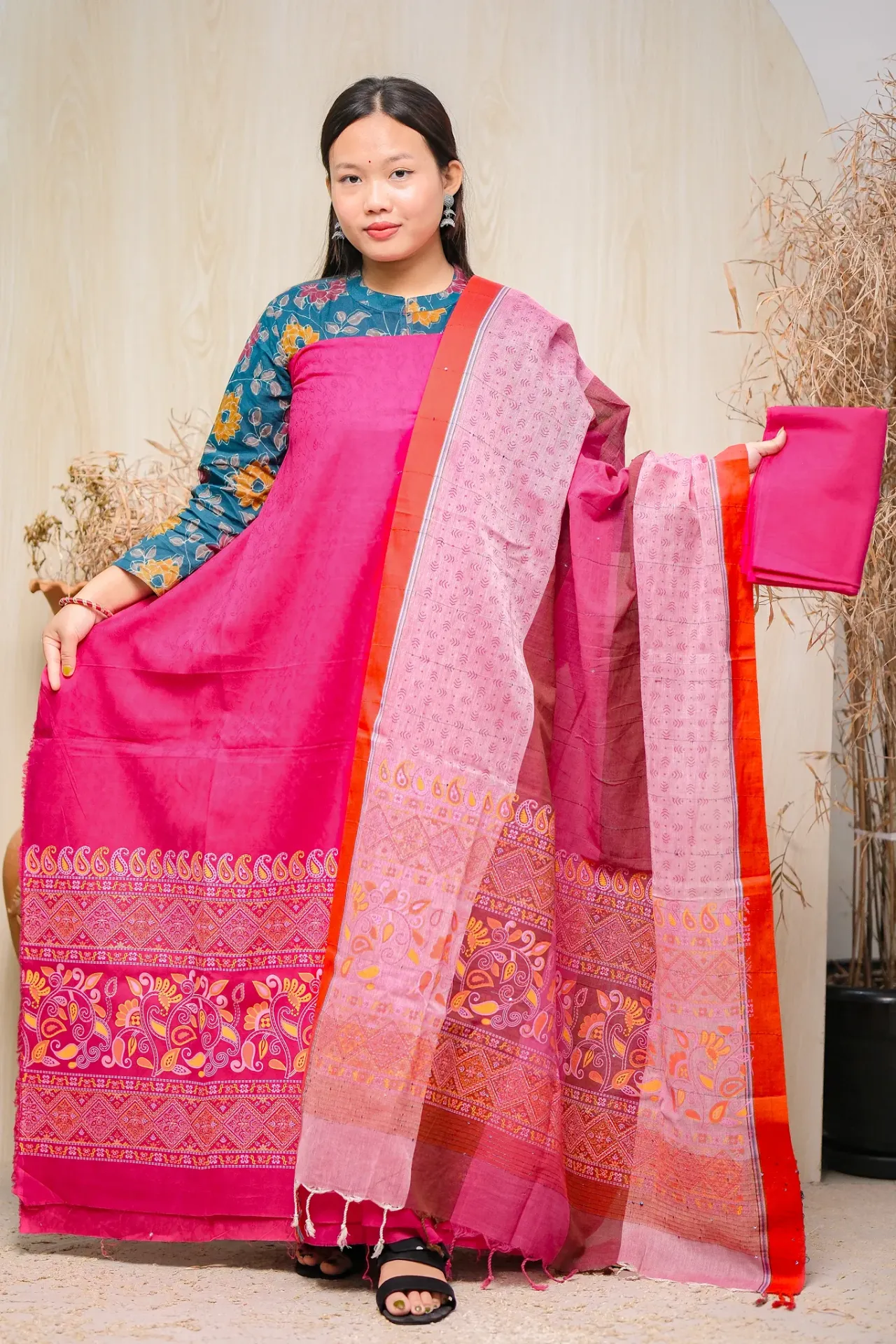 Rani Pink Paisley Motif Cotton Three Piece