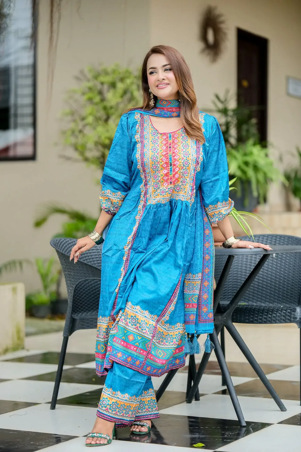 Turquoise Blue Floral Hand Work Digital Print Silk Three Piece