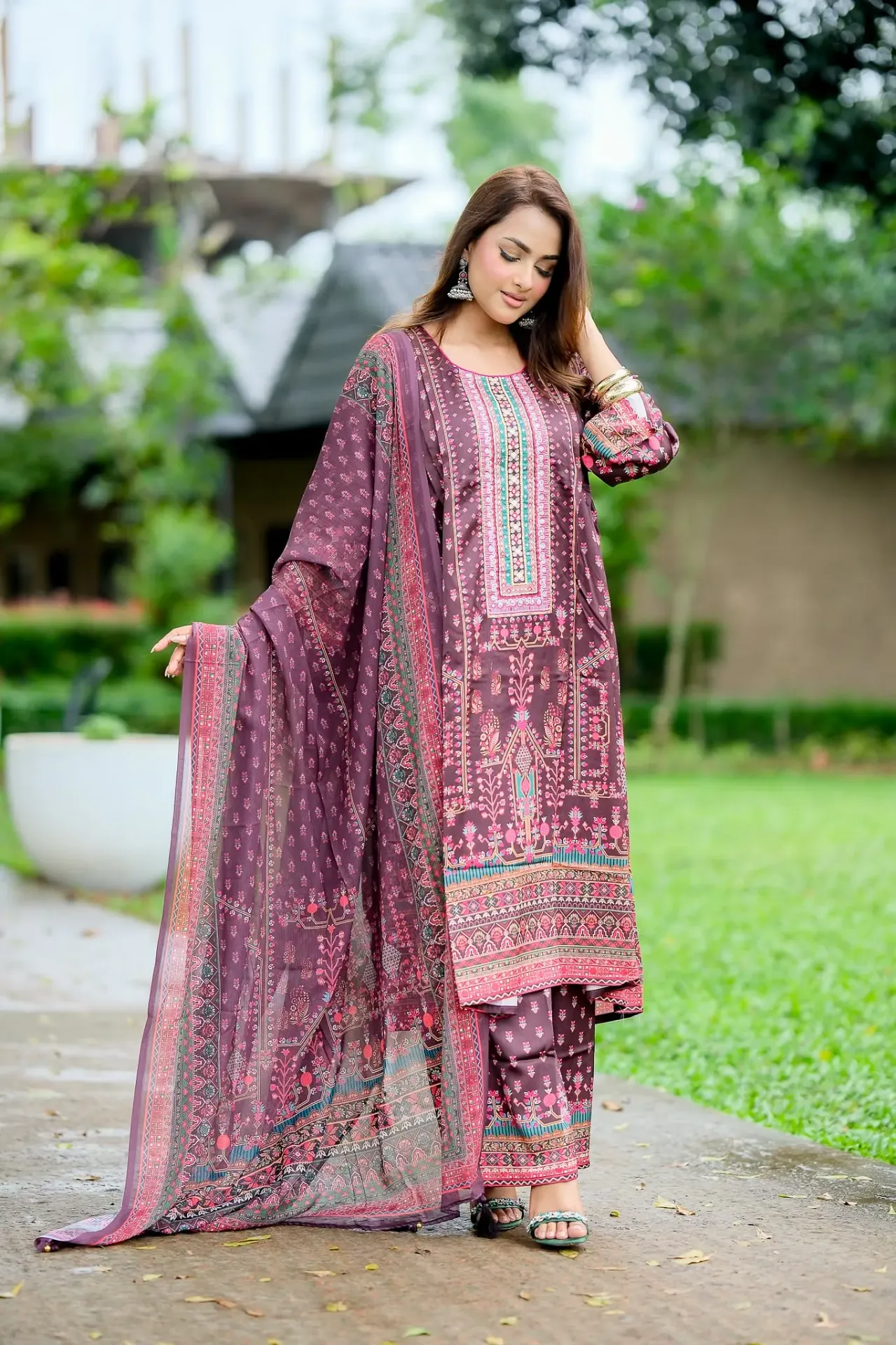 Dark Brown Small Floral Hand Work Digital Print Silk Three Piece