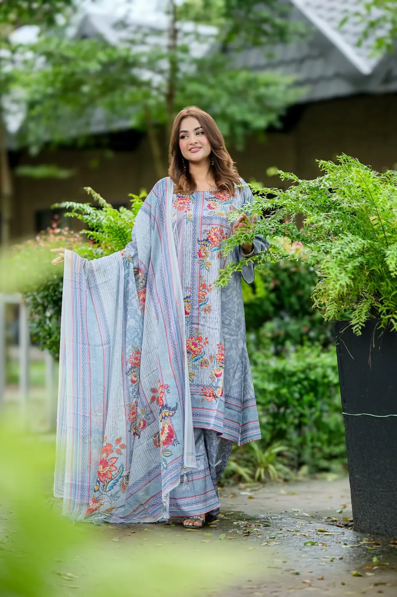 Light Grey Red Floral Hand Work Digital Print Silk Three Piece
