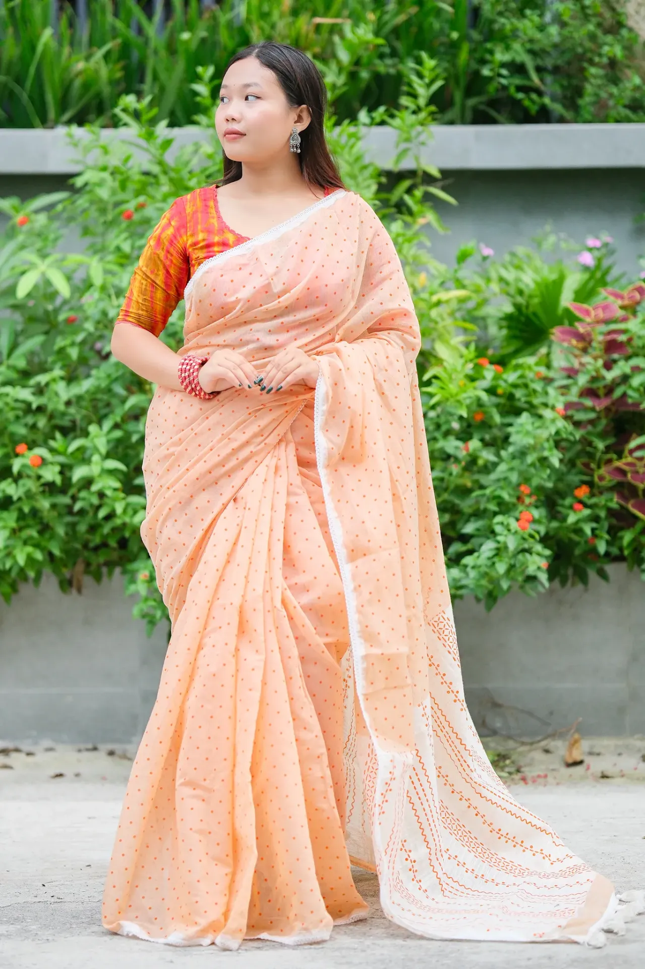 Peach & Orange Geometric Screen Print Half Silk Sharee