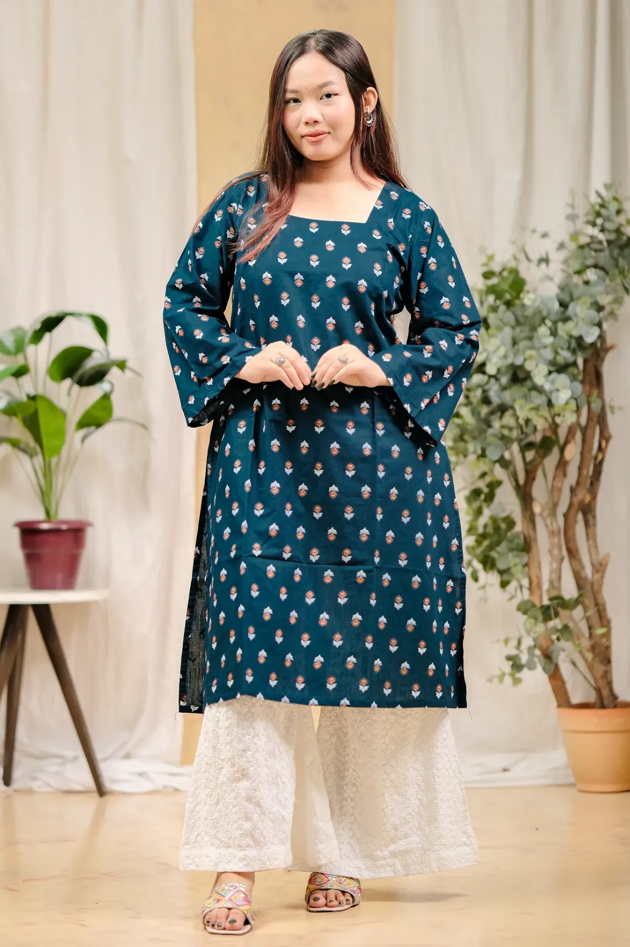 Bottle Green White Orange Small Floral A-Shaped Kurti
