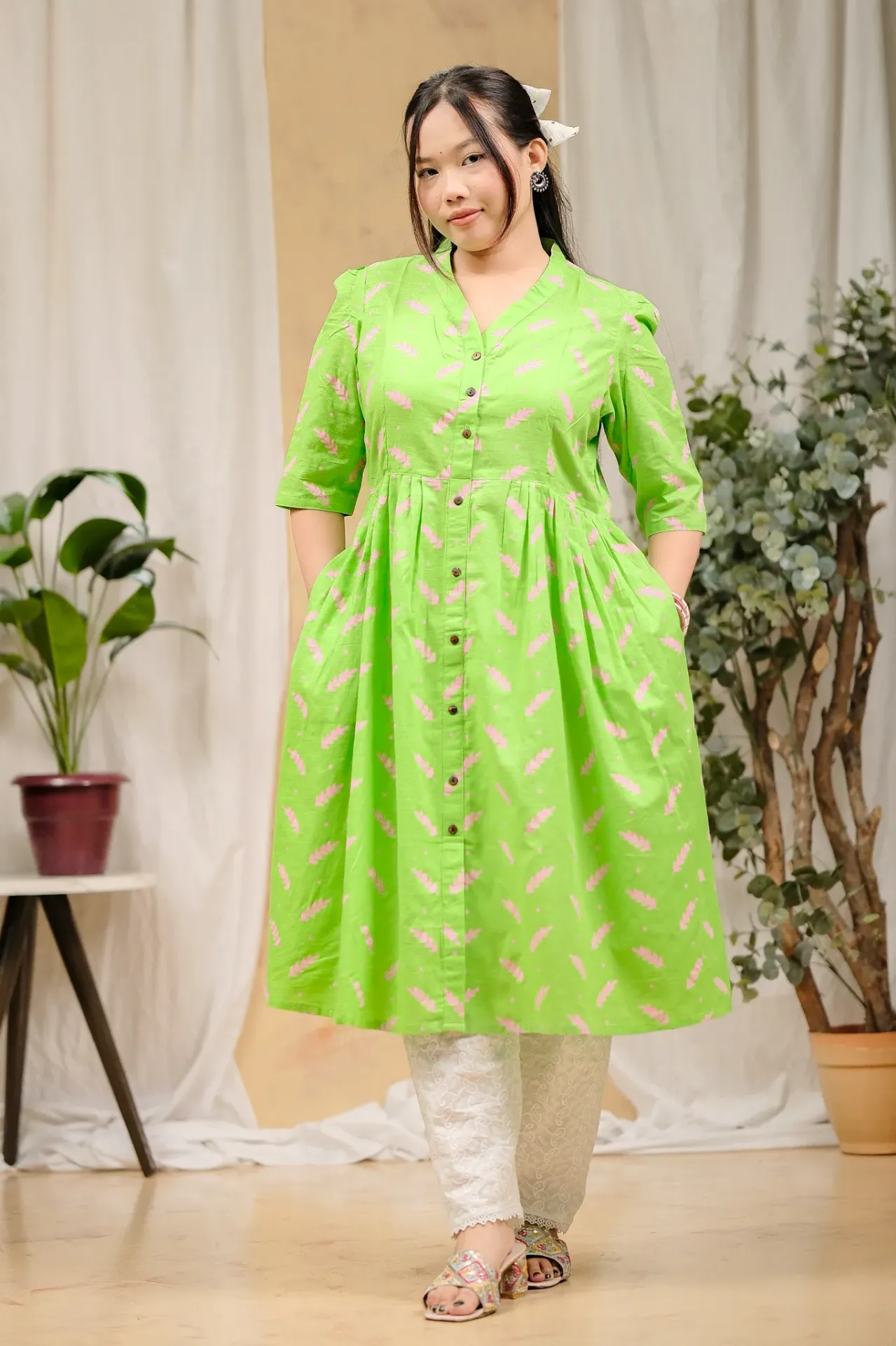 Lime Green Pink Leaf Design Frock