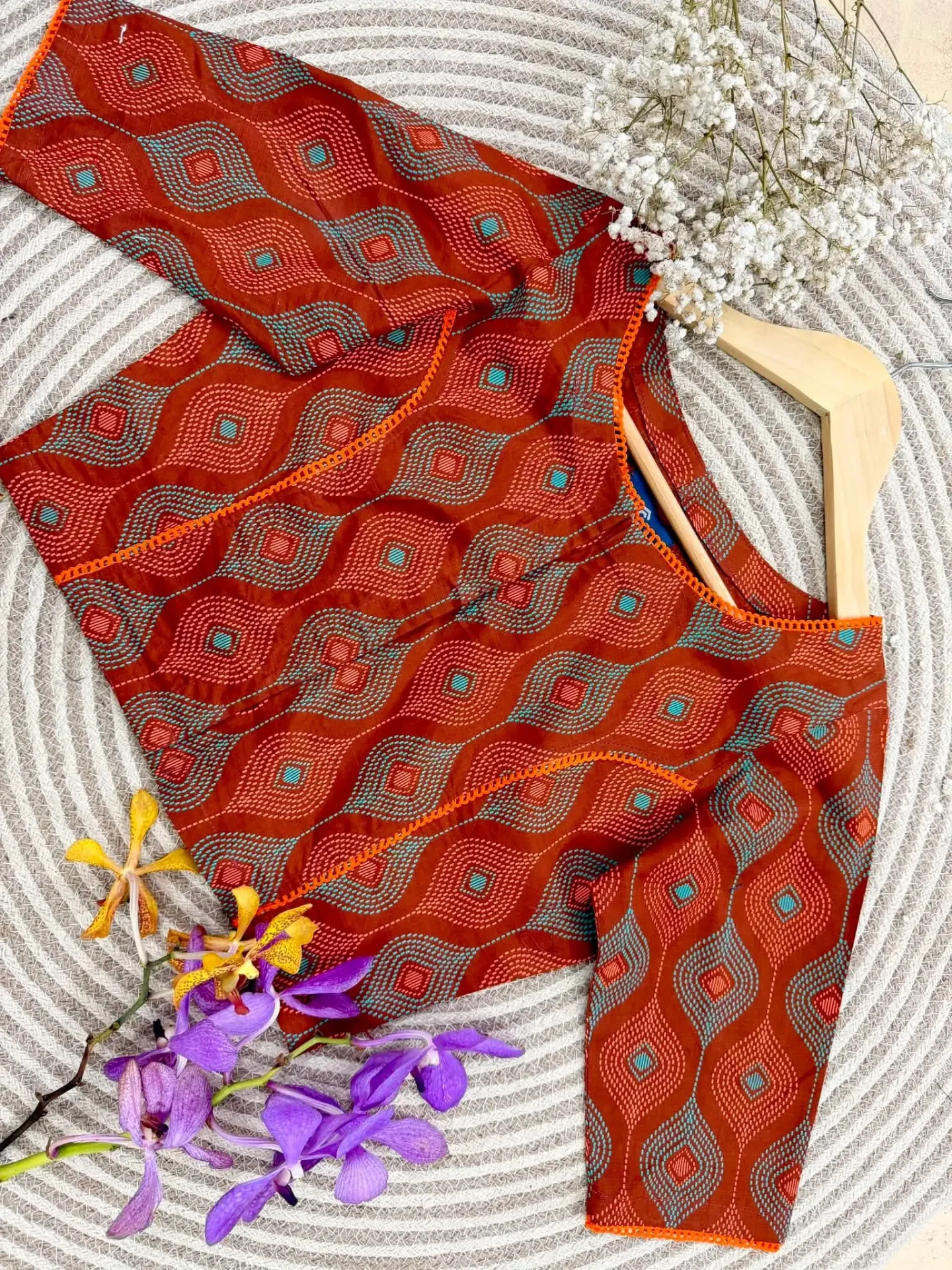 Chocolate Brown Geometric Screen Print Cotton Blouse