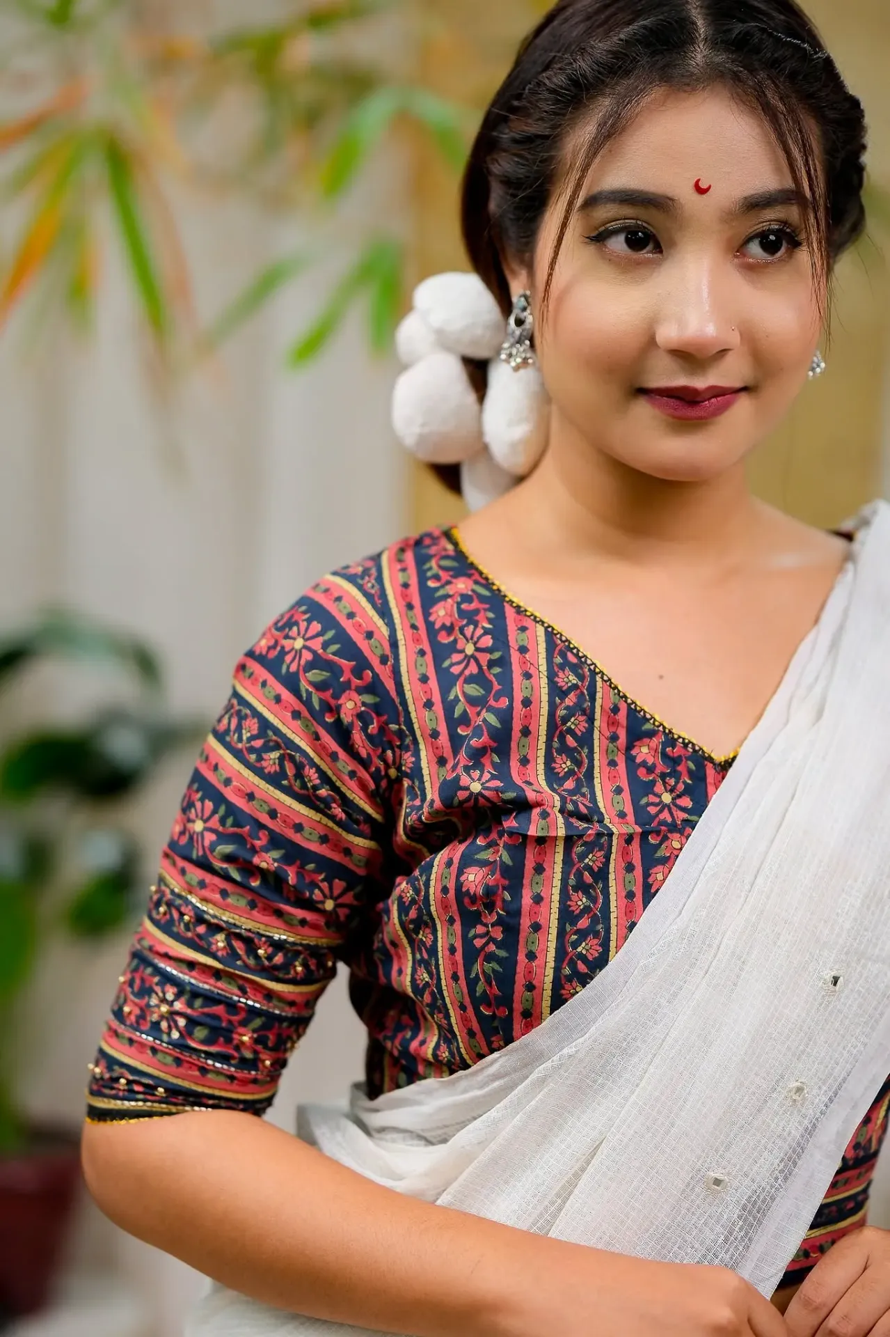 Navy Blue & Madder Red Floral Jaypuri Cotton Blouse