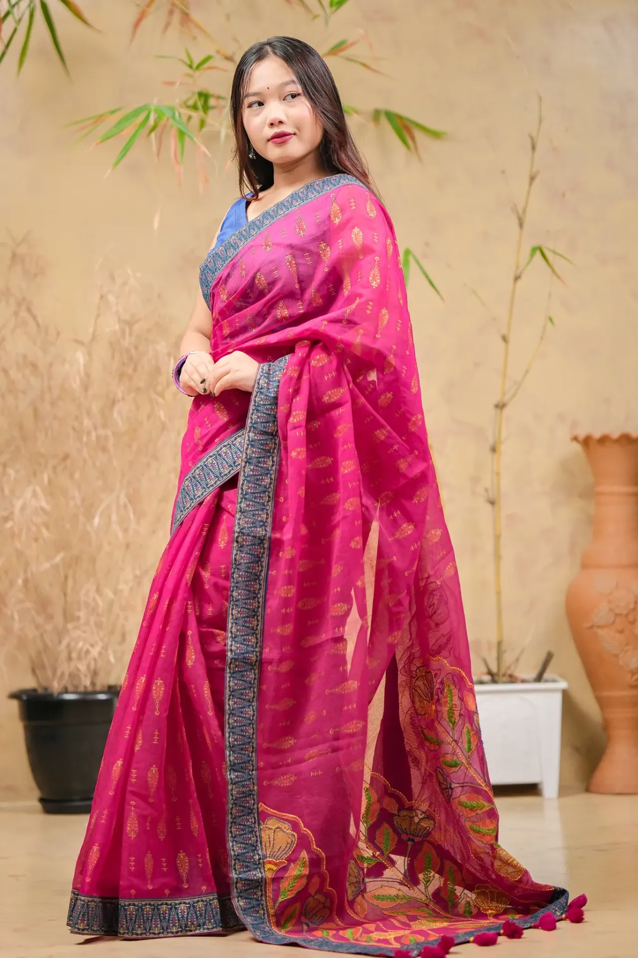 Rani Magenta Body Orange Floral & Leaf Green Anchal Hand Work Sharee