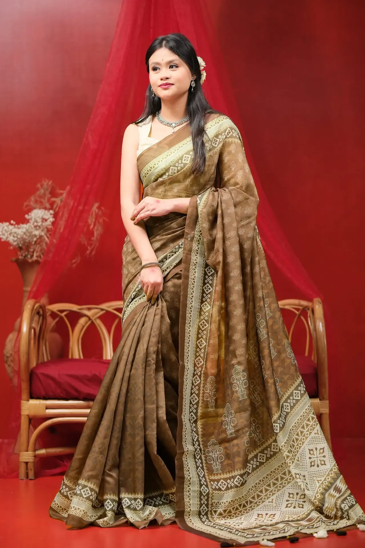 Mounota Mocha Brown Body Cream Geometric Anchal Mix Cotton Sharee