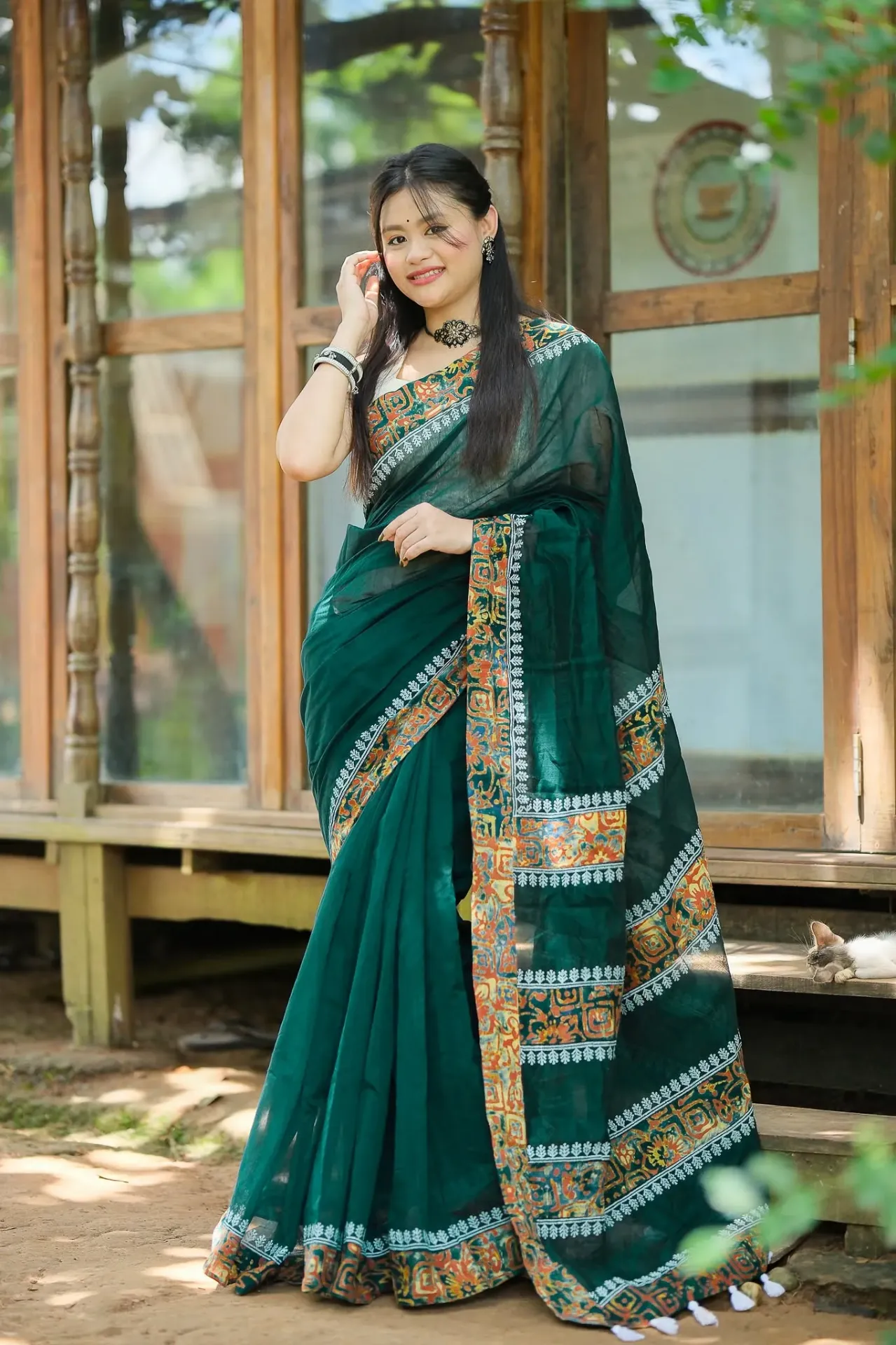 Ashapurna Bottle Green Patchwork Sharee