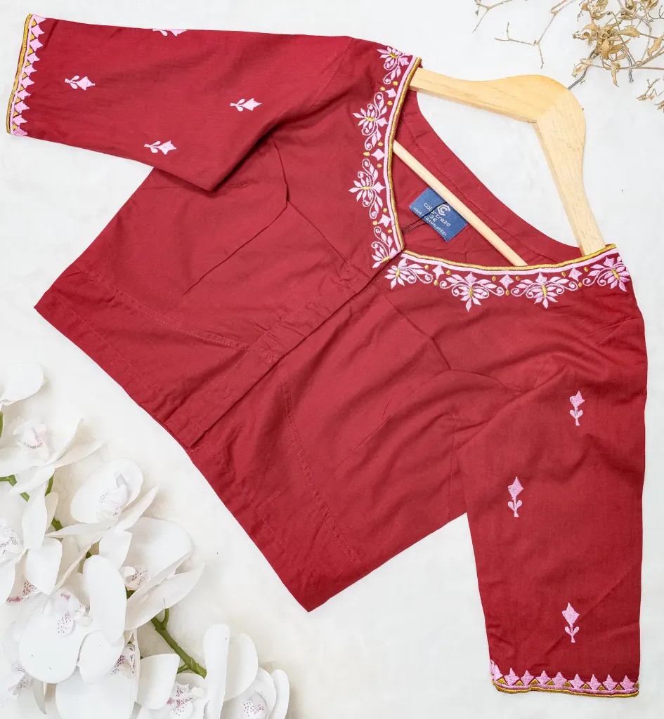 Deep Maroon Baby Pink Floral Embroidery Blouse