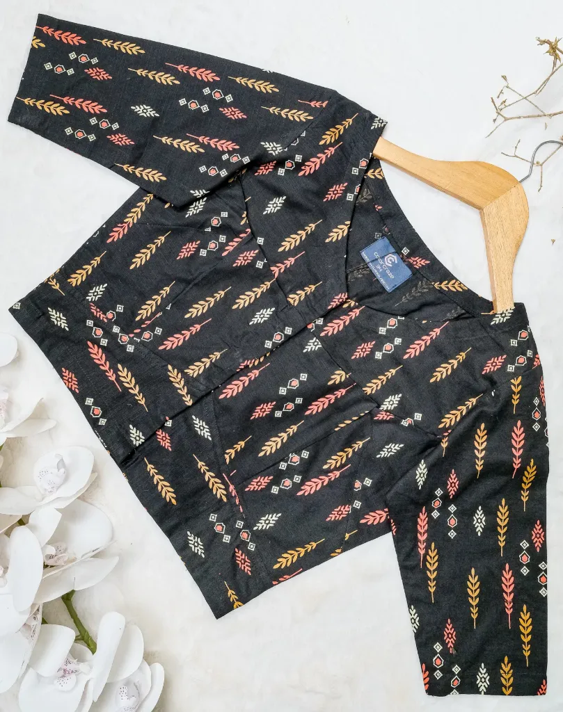 Black Multicolor Leaf Screen Print Cotton Blouse